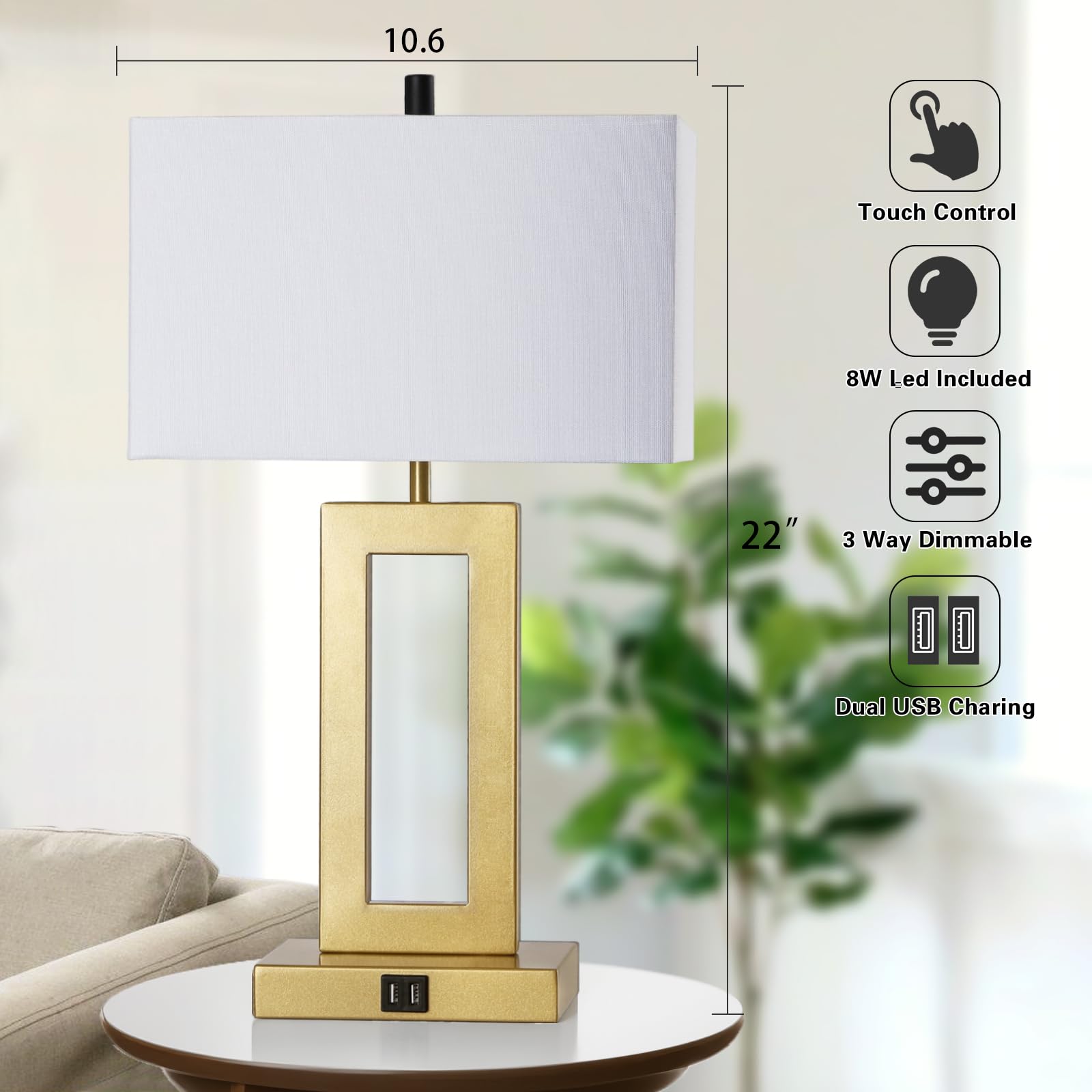 Gernehop Gold Table Lamps Set Of 2 With Dual Usb Ports,3-Way Dimmable Touch Control Bedside Lamps,22Inch Tall Modern Bedroom Tab