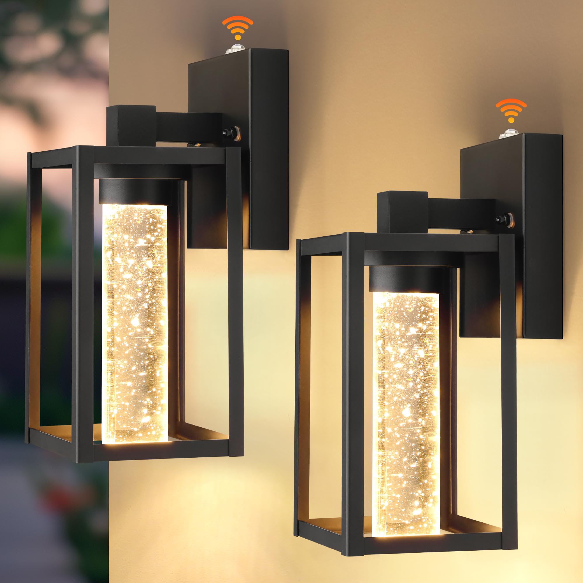 WIHTU Outdoor Light Fixture Wall Mount with Crystal Bulb, 2 Pack Exterior Wall Lantern Waterproof, Black Outside Porch Sconce, M