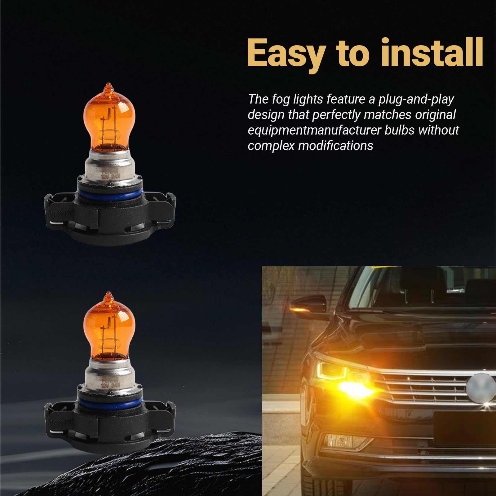 Yytqp 2 Pcs Psy24W Car Fog Light Bulb With Housing  12V Daytime Running Lamps  Turn Signal Bulb  Brake Light  Reversing Light Bulb  Automotive Amber Glass Bulbs Lighting Accessory Fit For Most Cars