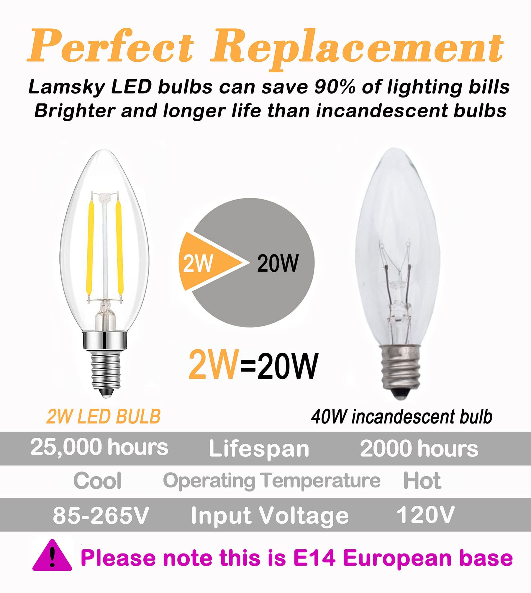 Lamsky E14 Led Filament Candle Shape Light Bulb,E14 European Base Bulb,Daylight 6000K 200Lm 20W Equivalent,C35 Clear Glass Torpe