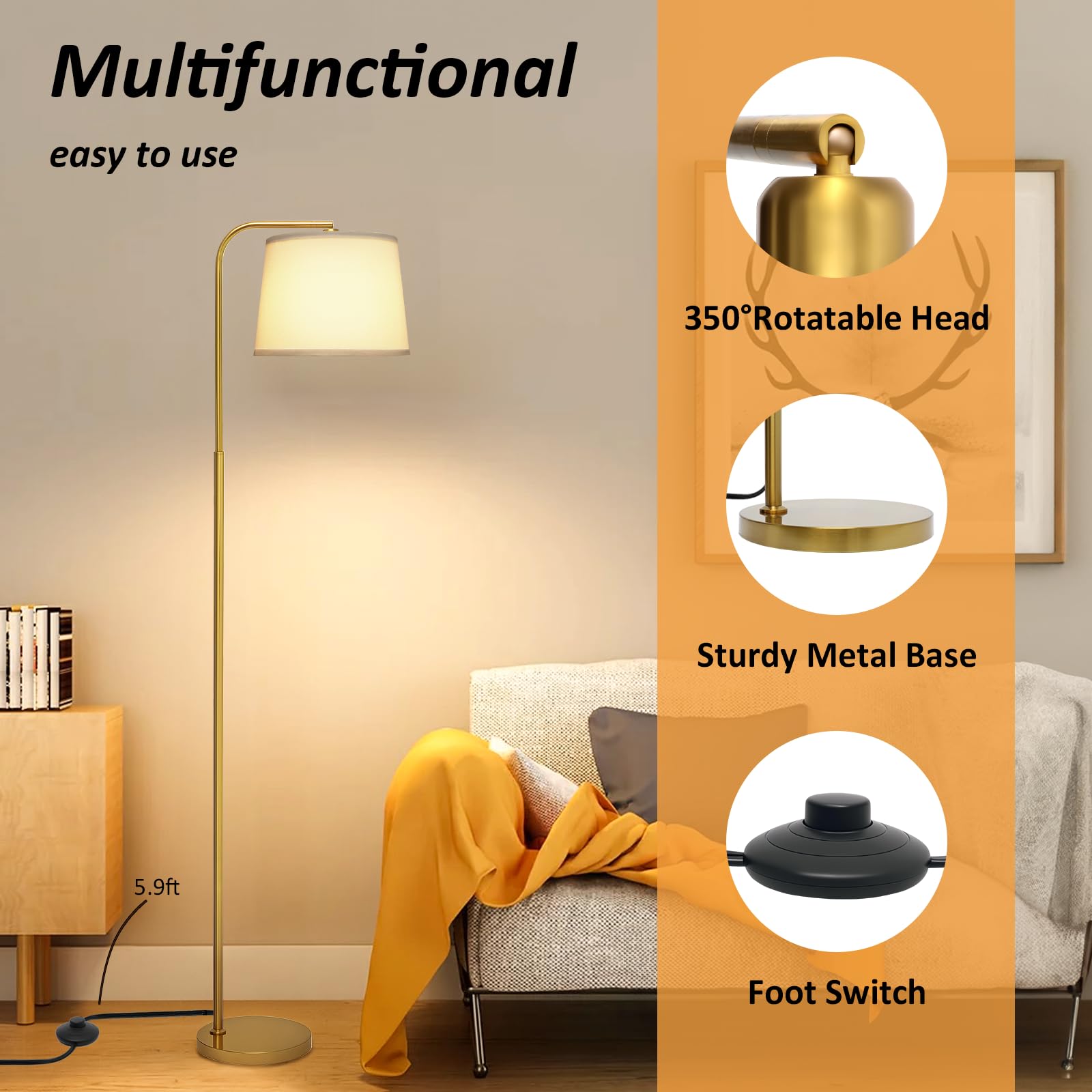 AKASUKI Floor Lamp with 3 Color Temperatures, 9W LED Bulb, Gold Base, White Shade, Model LT-1125