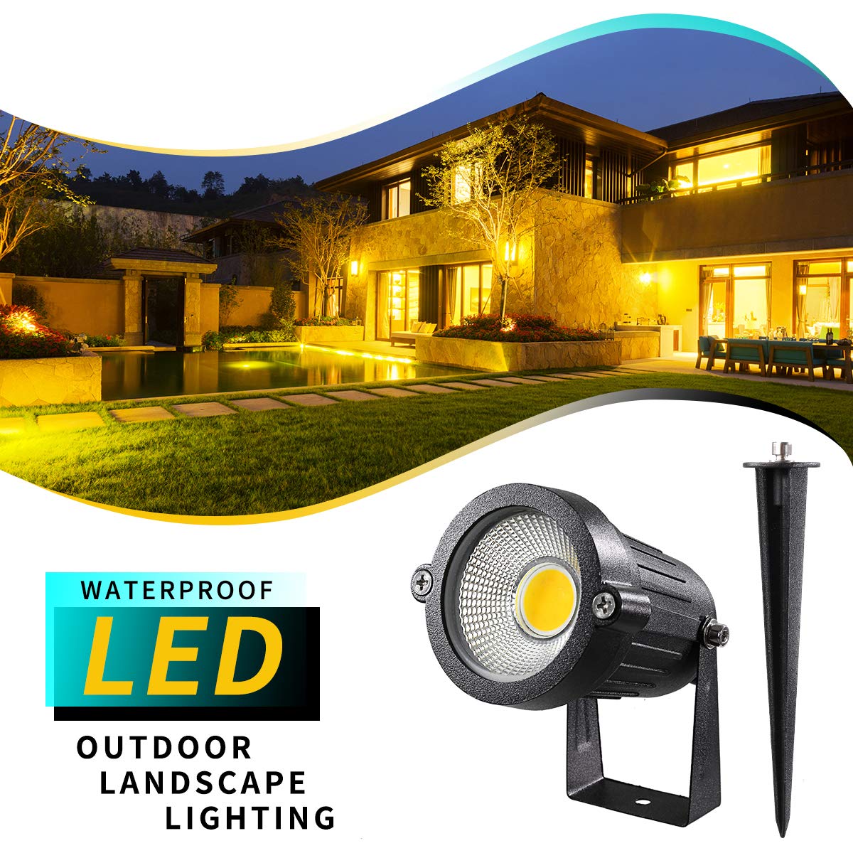 LEACOCO LED Landscape Lights, 5W Outdoor Spotlight, IP65 Waterproof, Pack of 4, Warm White, Aluminum, Model HU-XI-201