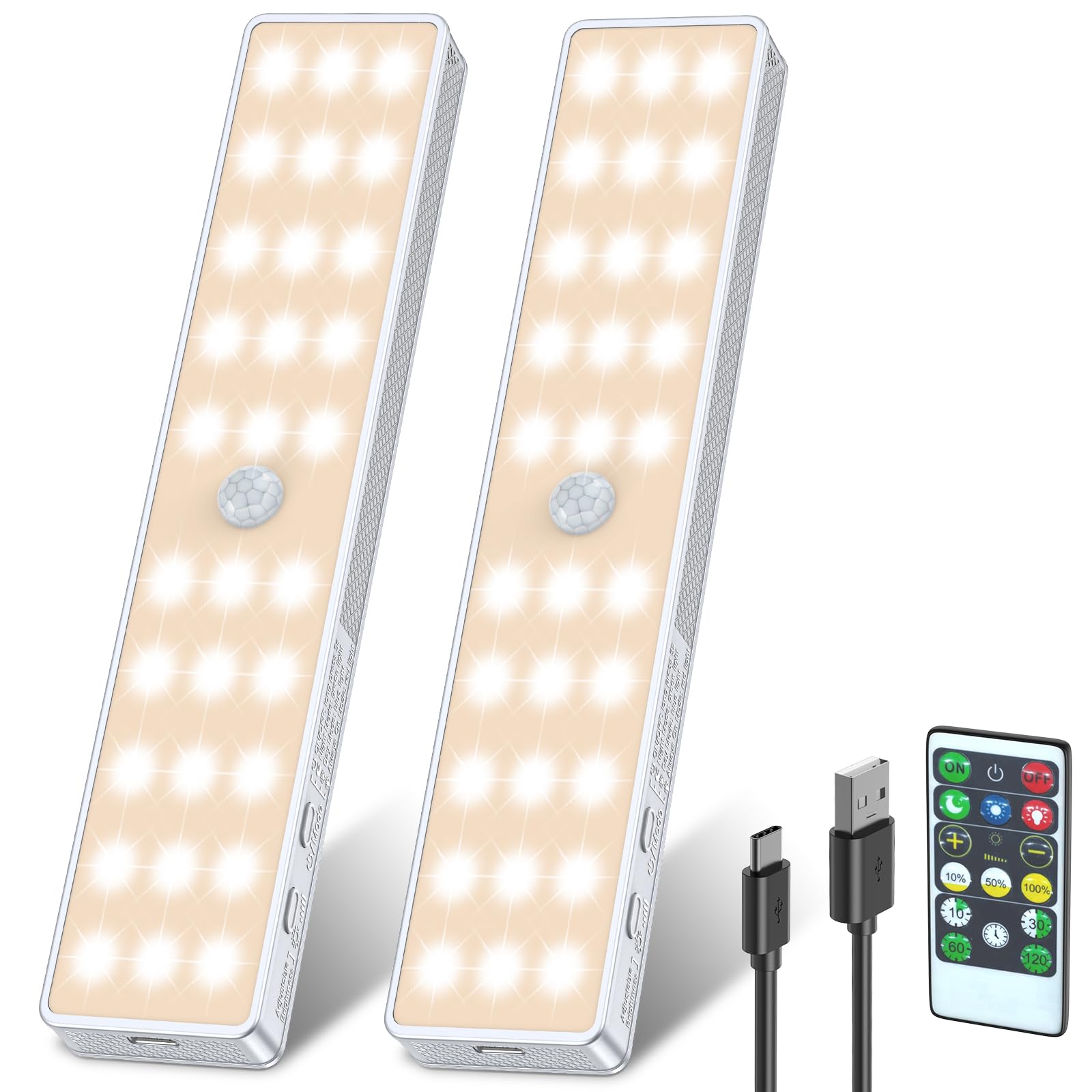 LED Closet Light, Newest 30LEDs Dimmer USB Rechargeable Motion Sensor Light Under Cabinet Lighting with Remote Control, Wireless Stick-Anywhere Night Safe Light Bar for Wardrobe,Kitchen-2 Pcs, Warm