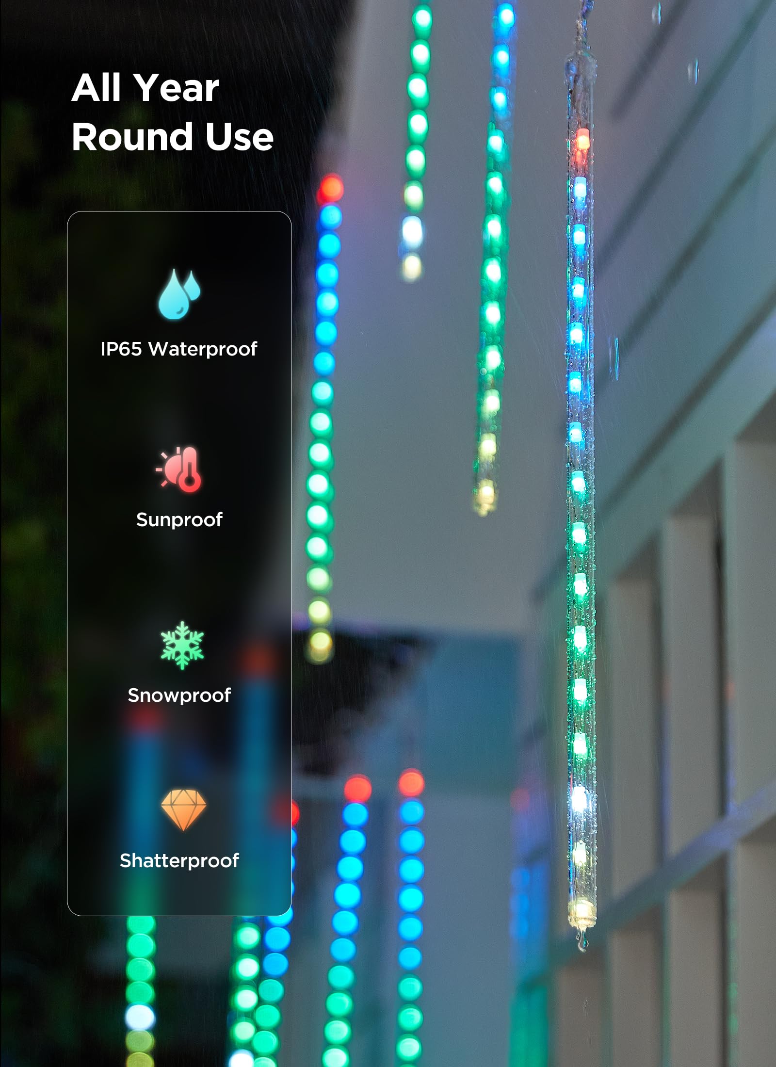 Smartdawn Smart Meteor Shower Rain Lights  24Tube 384Led 37.7Ft Color Changing Icicle Christmas Lights Outdoor Outside  App Controlled Rgb Customize Display Diy Dynamic Lighting Effect