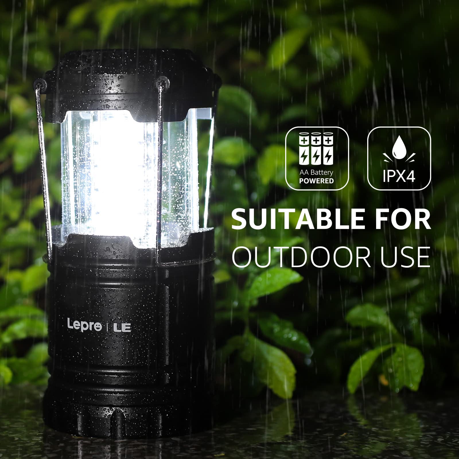 Lepro LED Camping Lanterns, Battery Powered, IPX4 Water Resistant, 2 Pack, Black, Model 3300007-2