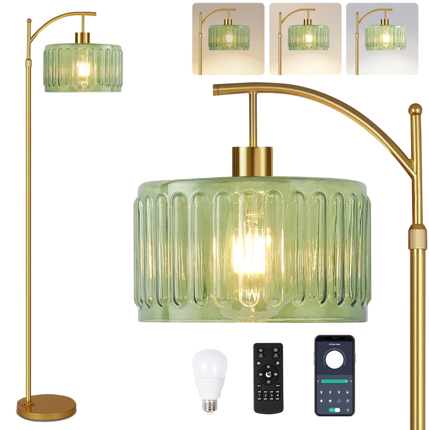 ILLMTW Glass Floor Lamp for Living Room,Bedroom,Gold Mid Century Modern Standing Lamp with Remote,Dimmable Brass Tall Lamp Vinta
