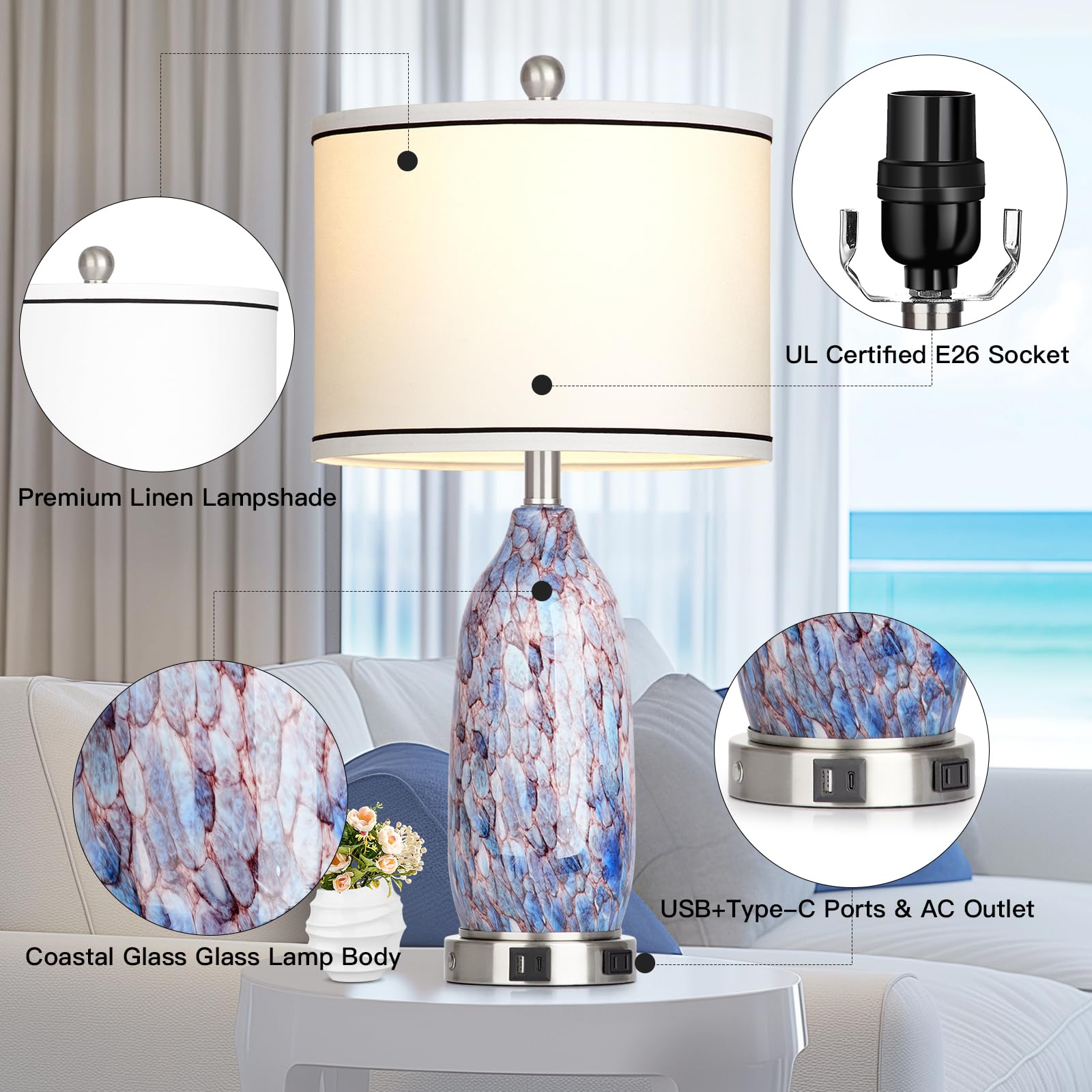 Lolikit Coastal Lamps - USB A+C Ports, LED Night Light, Large Multicolor Seashells Glass, Modern Touch Control for Bedroom Living Room