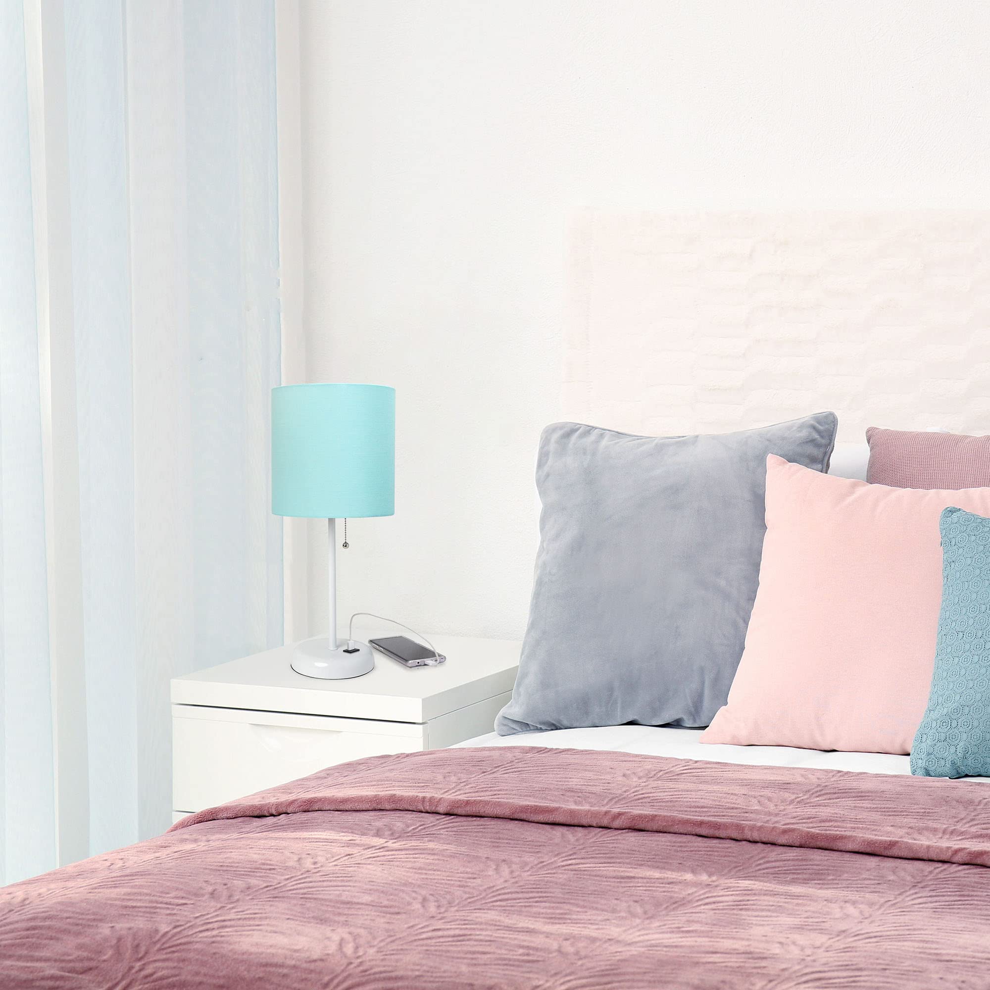 Creekwood Home Usb Table Lamp - 19.5&quot; White Metal With Aqua Drum Shade, Modern Bedside Light