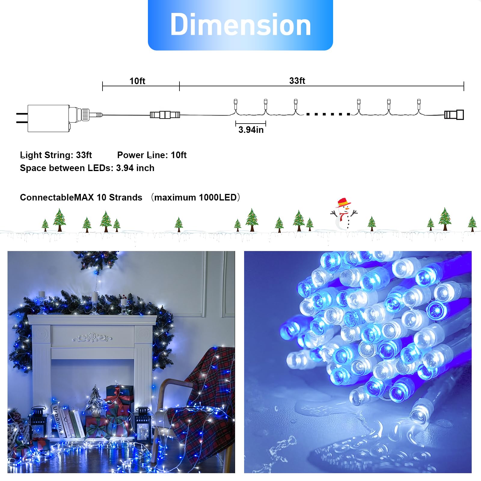 Jmexsuss 2 Pack 100 Led Blue And White Christmas Lights, 33Ft 8 Modes Christmas String Lights Indoor Outdoor, Clear Wire Plug In Christmas Tree Lights For Christmas Xmas Bedroom Party Decorations