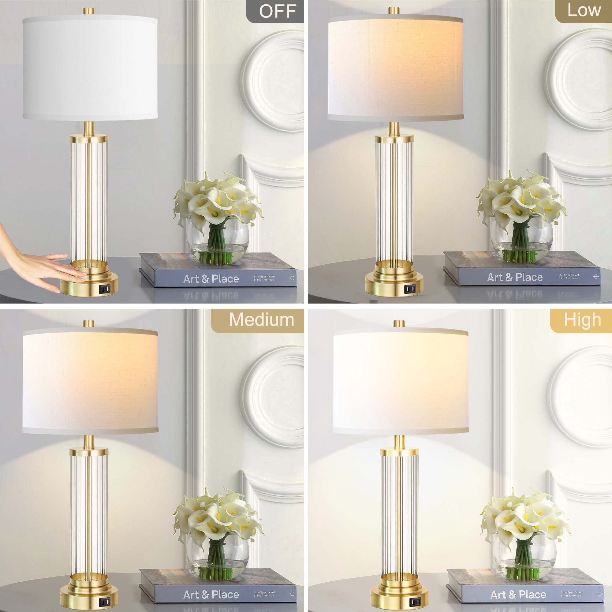 QiMH Touch Control Table Lamp Set of 2, 3-Way Dimmable, Antique Gold, Fabric Cream Shade, Modern Design, LED Bulbs Included