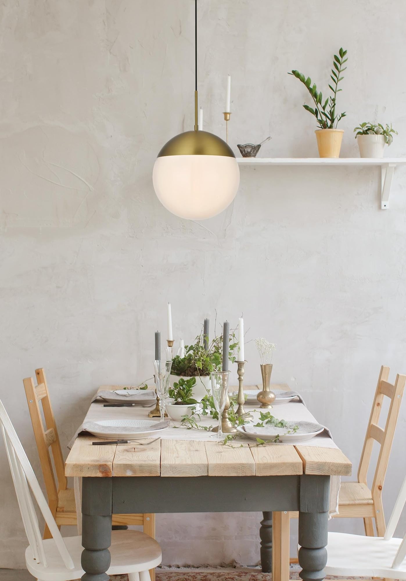 Elegant Lighting Brass/White 1-Light Pendant, Glass & Metal, Modern Ceiling Fixture