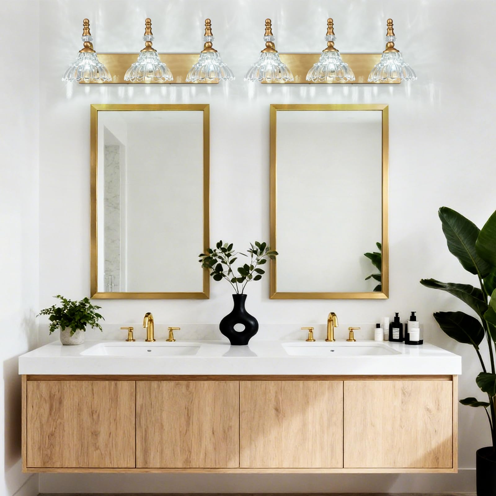 LBSQJ Vintage Bathroom Vanity Light, 3-Light Brass Fixture with Flower Glass Shade, Model 4150