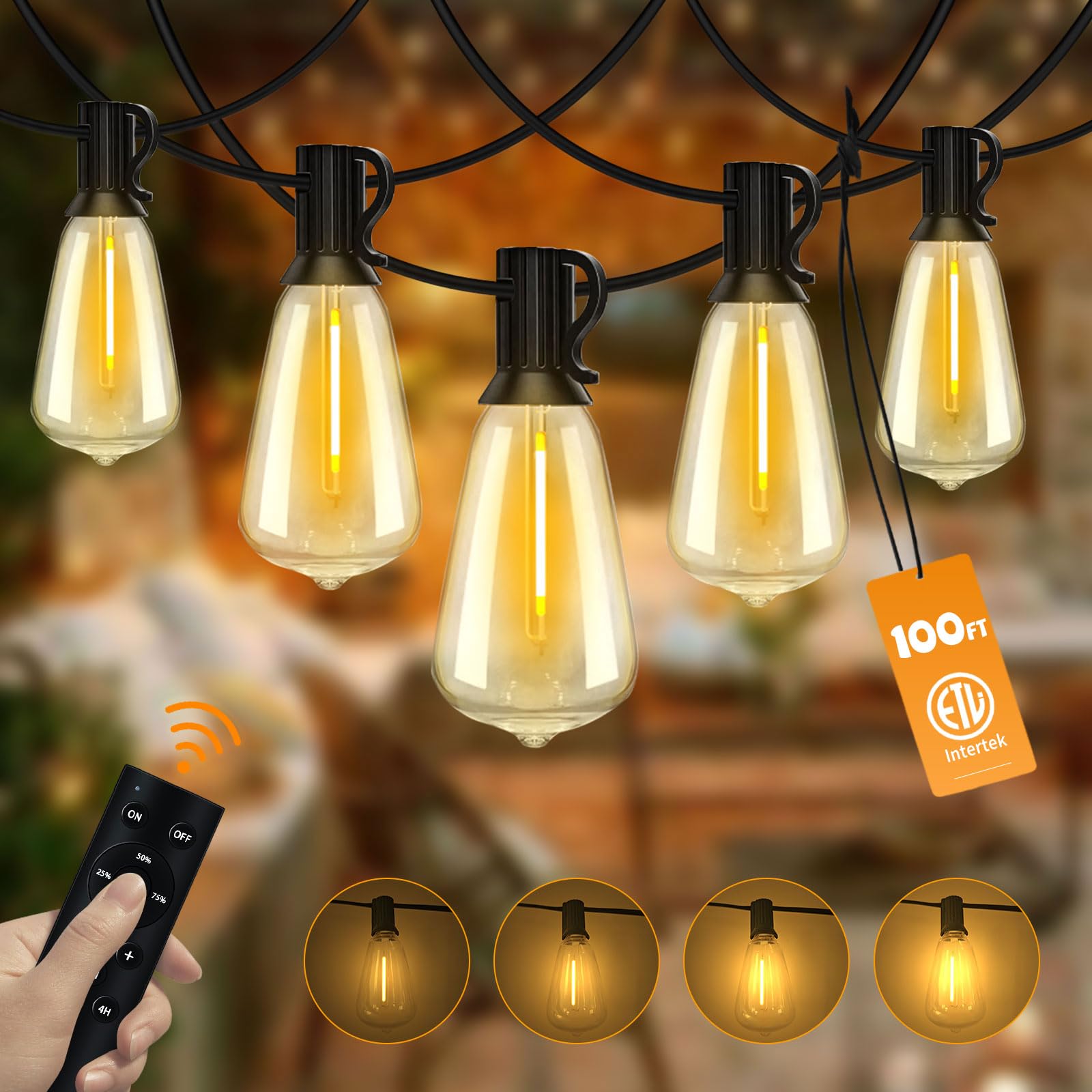 100FT Outdoor String Lights with Remote Patio Lights for Outside 52 Shatterproof Waterproof ST38 Edison Bulbs, Dimmable String L