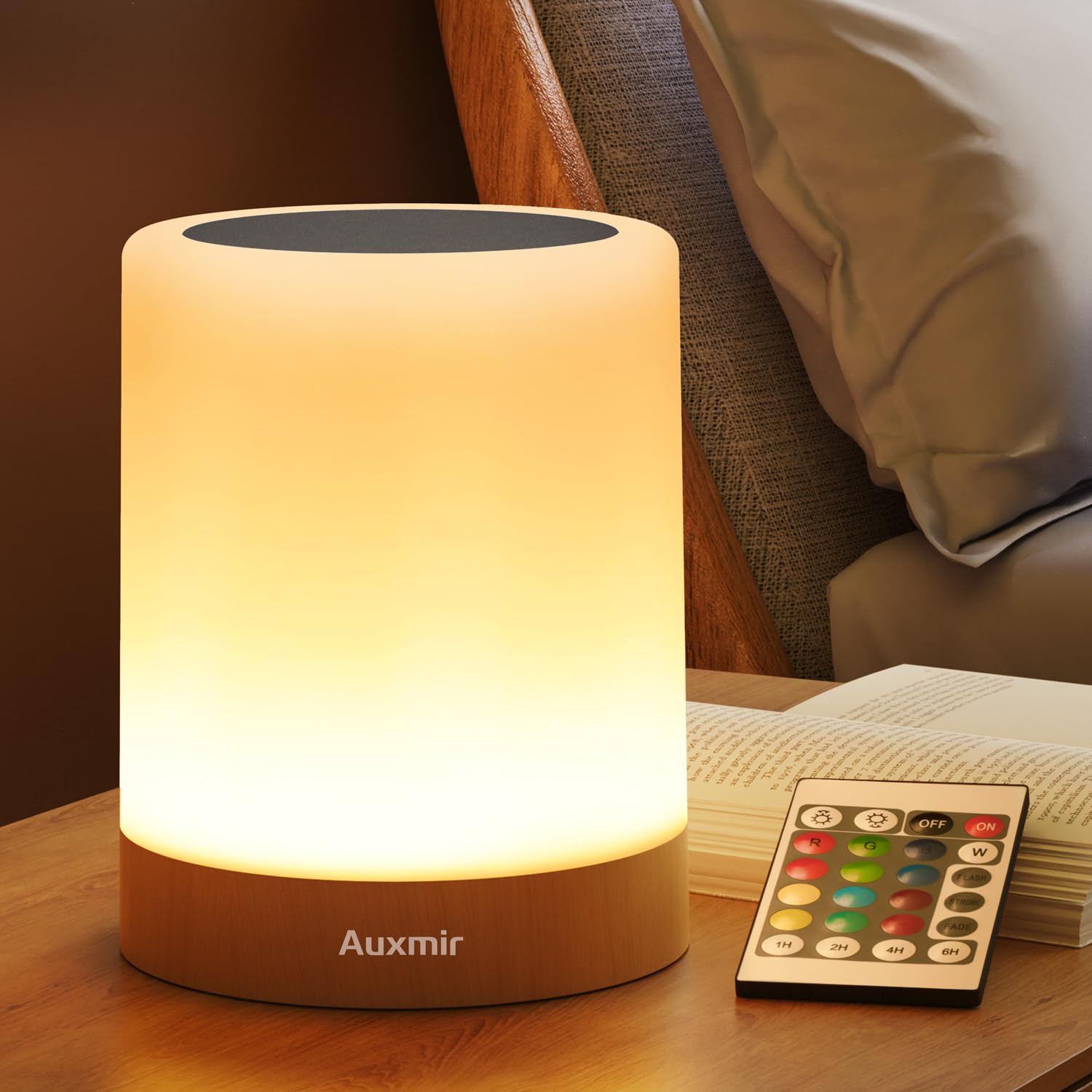 Auxmir LED Night Light Tabletop Lamp, Dimmable, 13 Colors, 5 Brightness, Rechargeable, Remote & Touch, Classic Brown, Model M1