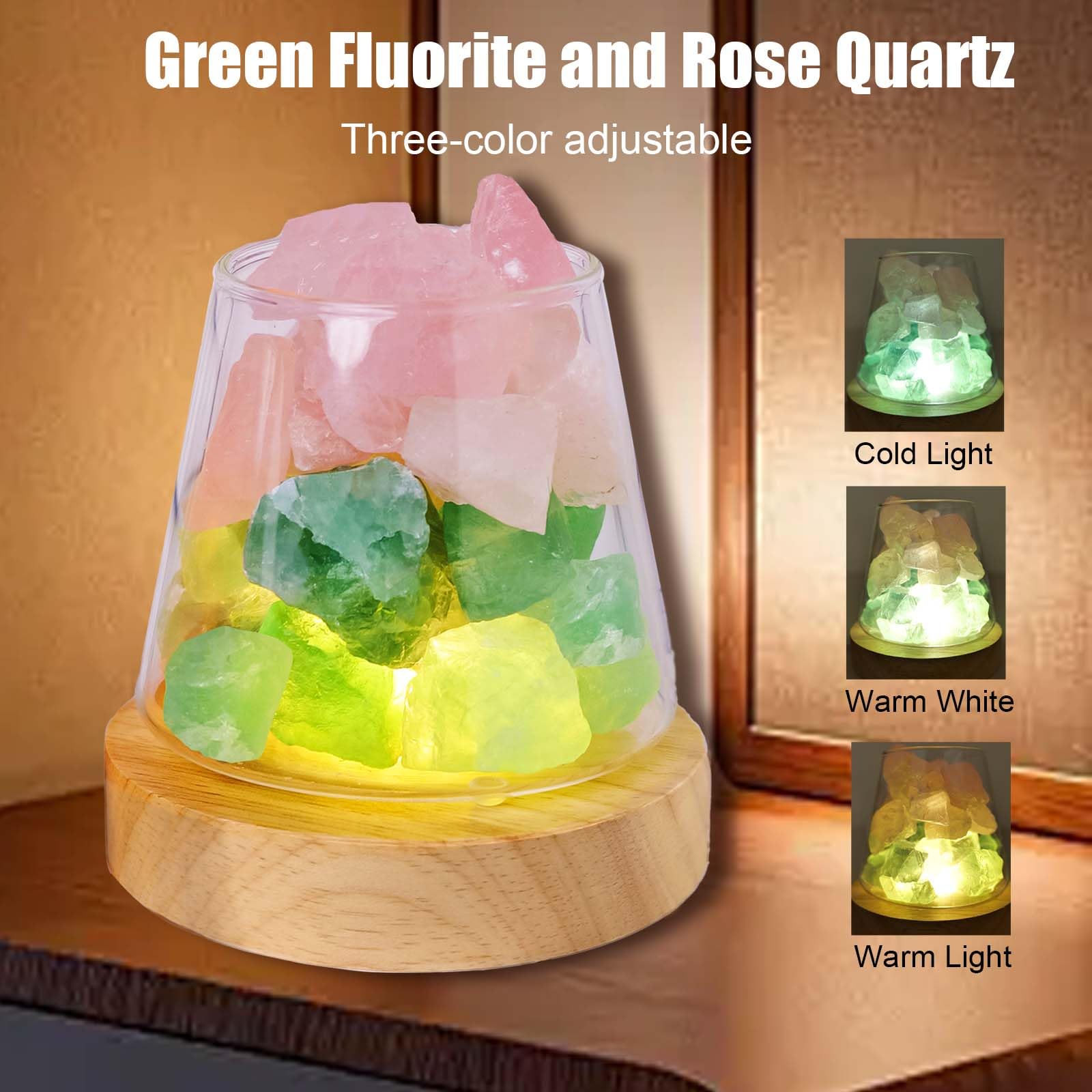 Runyangshi Healing Crystal Night Light Natural Green Fluorite Rose Quartz Raw Stone Aroma Diffuser Usb Powered 3 Colour Adjustable Bedside Lamp For Bedroom Living Room Yoga Meditation Home Decor Gift