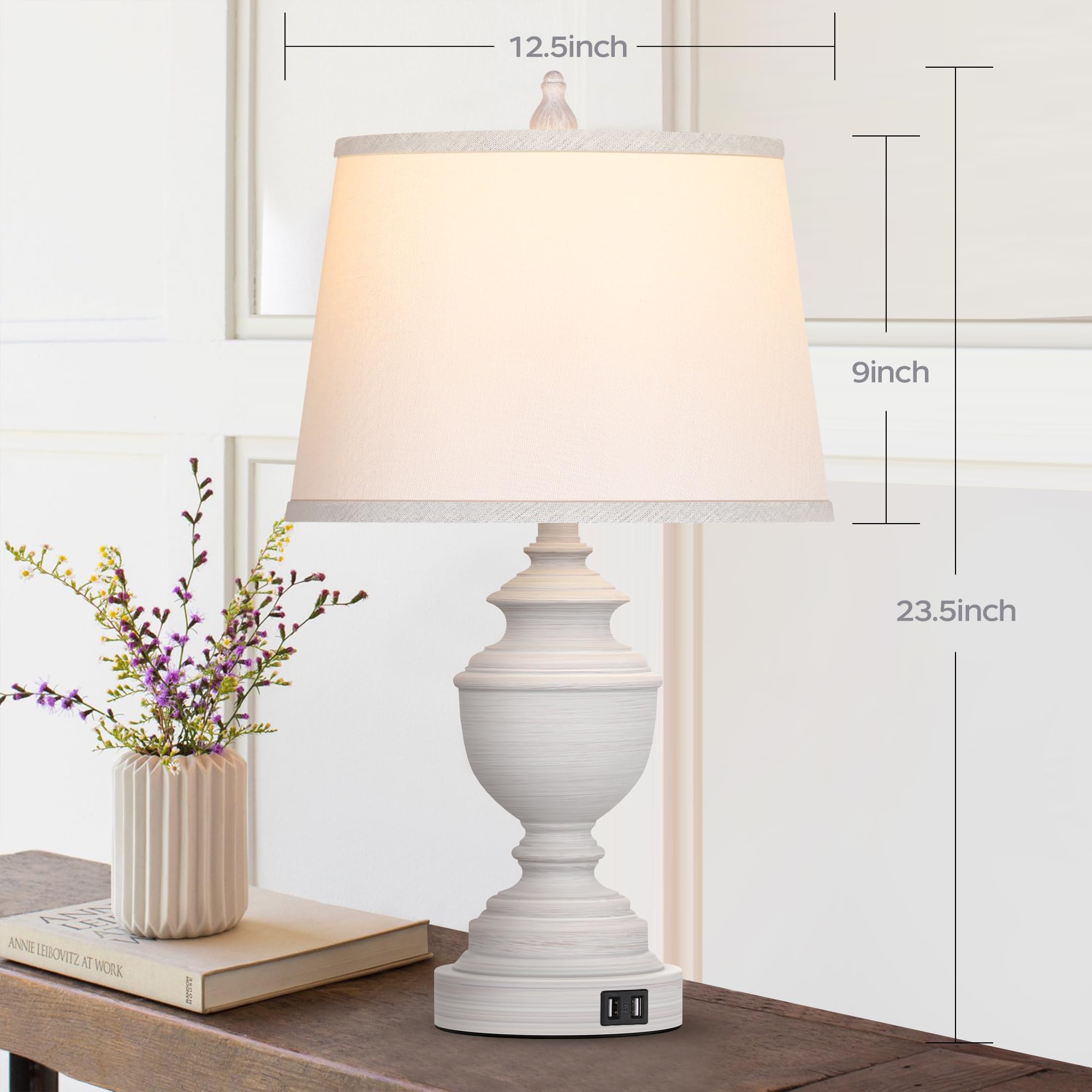 Vpazg Modern Farmhouse Table Lamps Set Of 2, Usb, 3-Way Dimmable, White Linen Shade, Bul