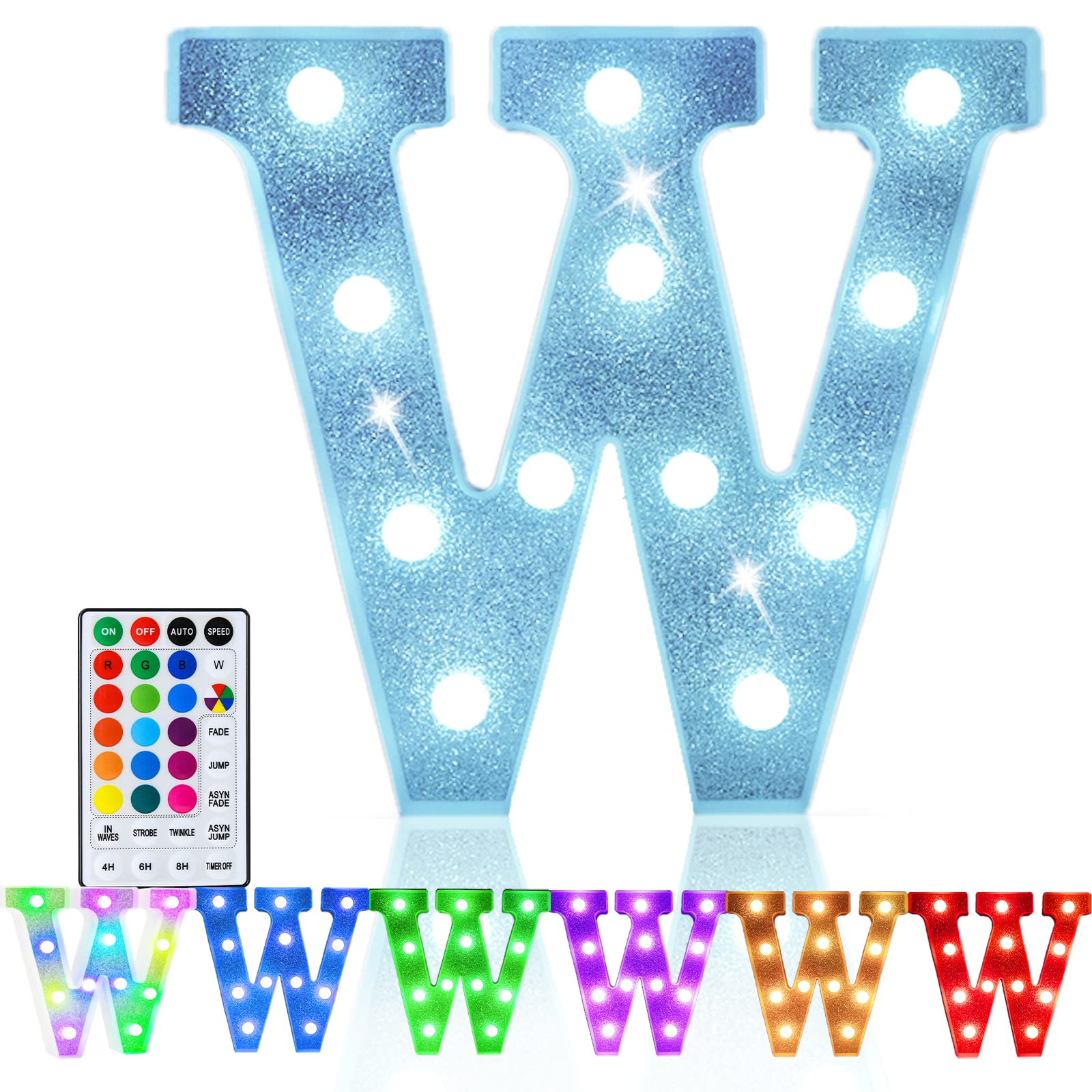 Pooqla LED Marquee Letter Light Sign, Colorful Battery Powered Lamp with Remote, Glitter Silver W, RGB, Model 3af572a4-2d79-44de-b06e