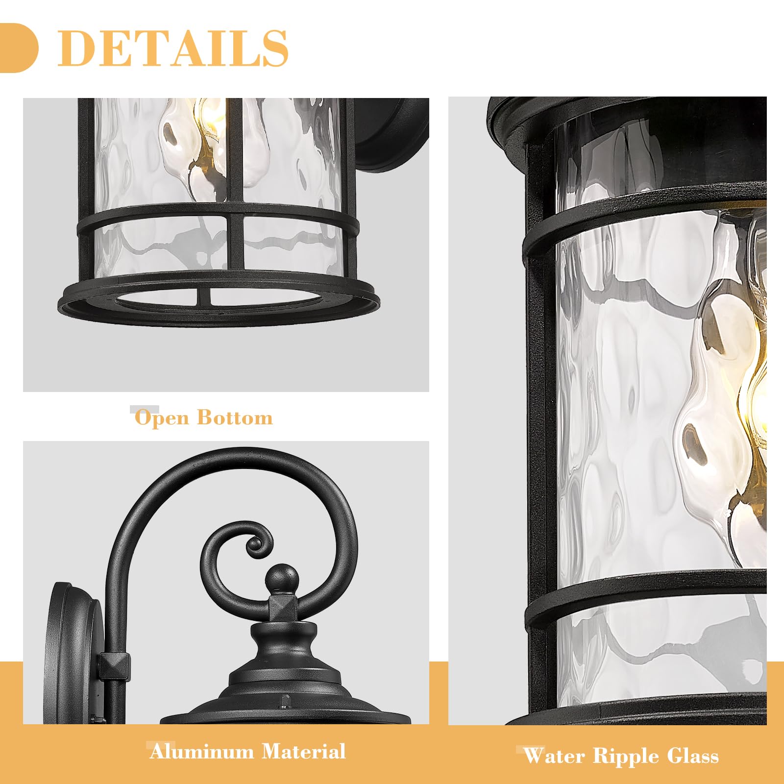 Emliviar Farmhouse Outdoor Light Fixture, 15.5" Black Aluminum with Water Ripple Glass, Model XE229B-WG BK