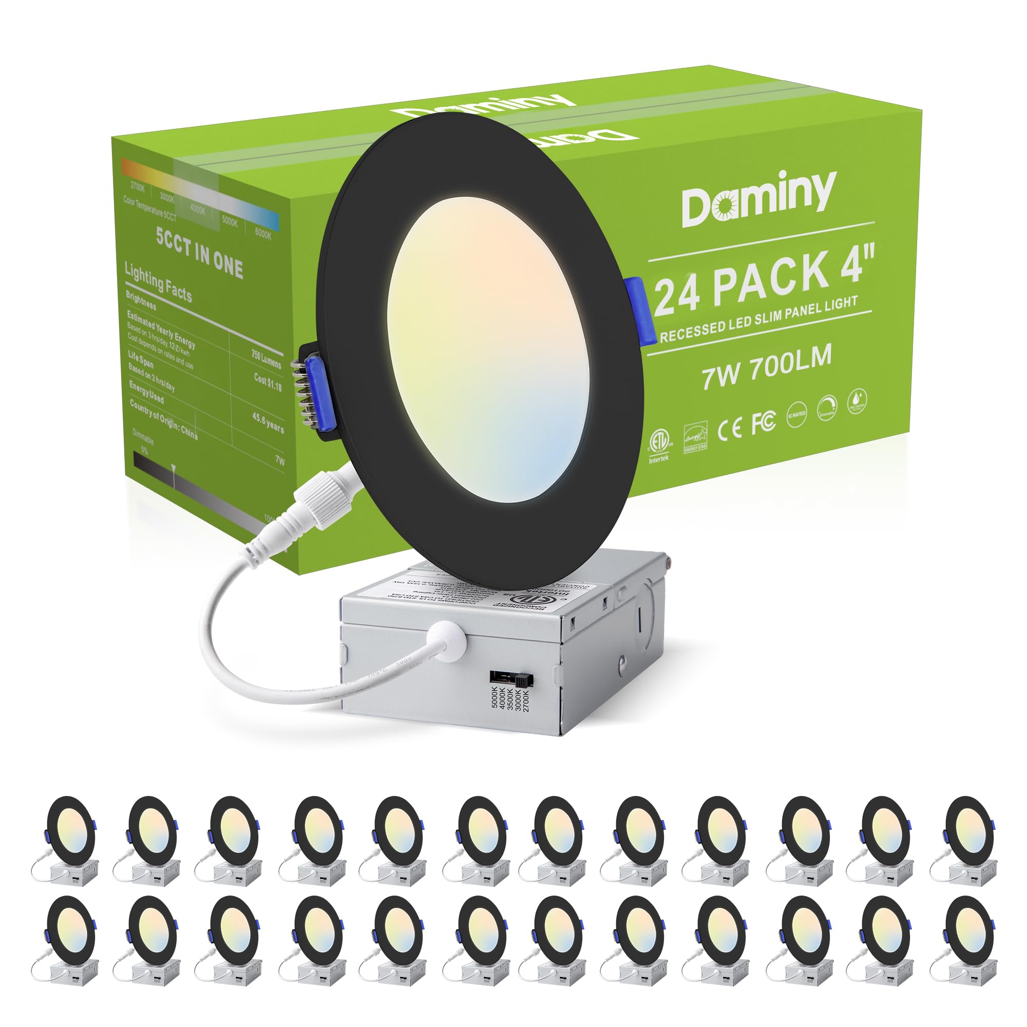 Daminy 24 Pack 4 Inch Black Led Recessed Lighting With Junction Box 5Cct Ultra-Thin Recessed Light 7W 700Lm  Dimmable Canless Wafer Ceiling Light  High Brightness - Etl