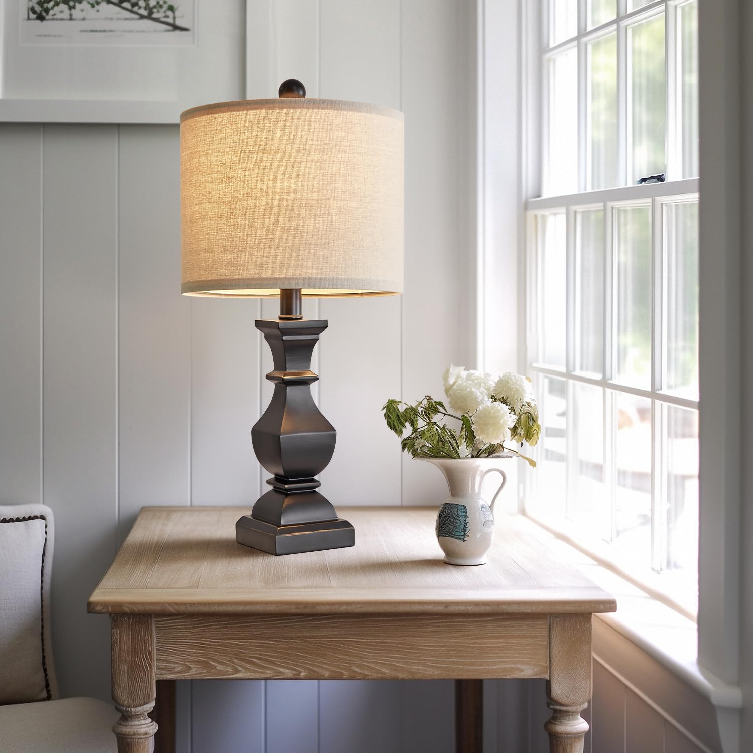 PoKat Bedside Table Lamp - Vintage Black, 20.5in  Round Linen Shade, Model AMZ-T1041BLK-1, Suitable for Small Spaces
