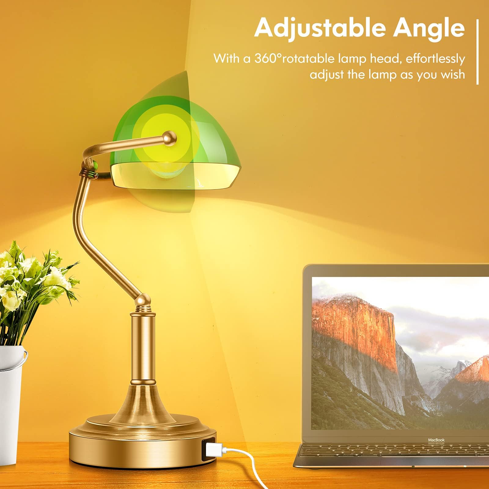 Brightever Bankers Lamp - 3-Way Dimmable Touch Control Green Glass Desk Lamp with Brass Base, 2 USB Ports, Model T1001-1AB