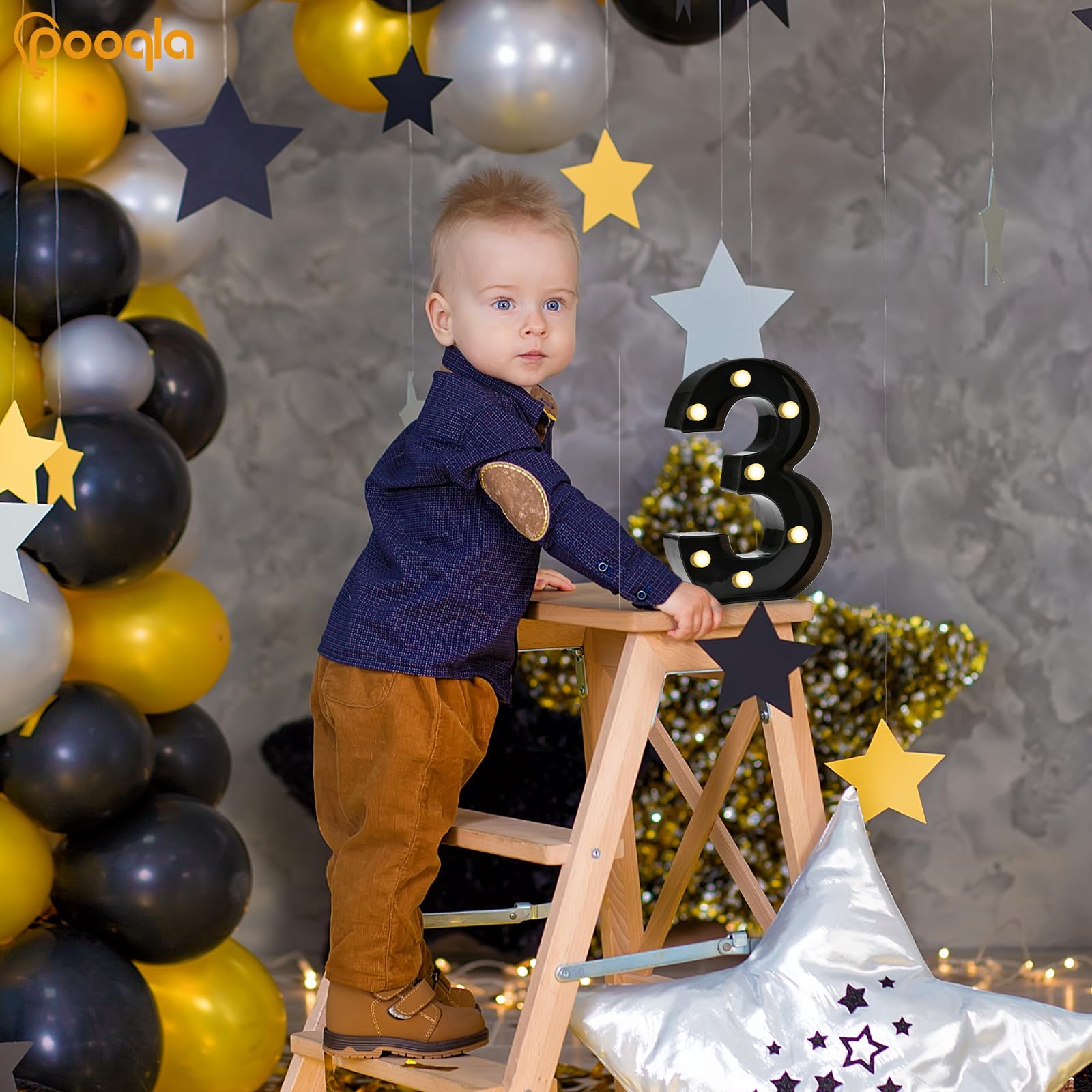 Pooqla Decorative Led Light Up Number Letters, Black Plastic Marquee Number Lights Sign For 3Th 13Th Birthday Party Wedding Decor Battery Operated Black Number 3