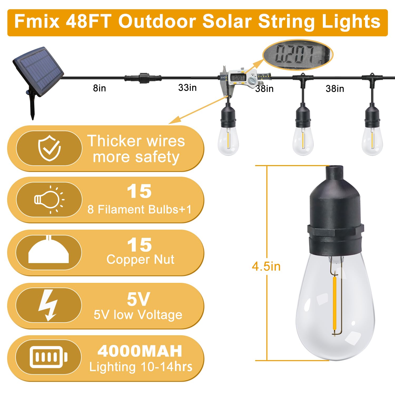 Fmix Outdoor Solar String Lights Outdoor Waterproof, 48FT S14 10hrs Solar Outdoor String Lights Solar Powered String Lights Outd