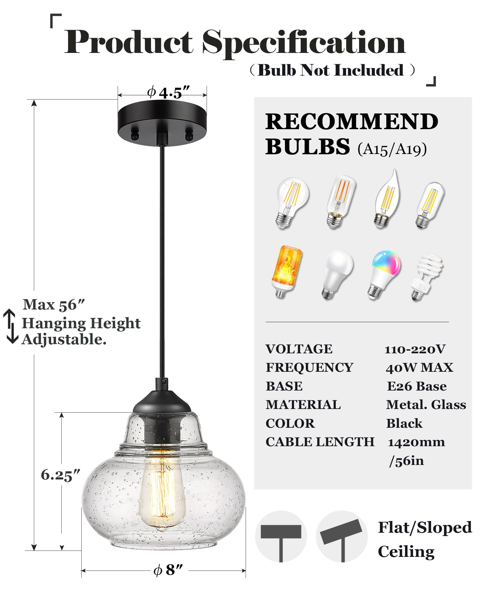 Elyona 8 Inch Black Globe Pendant Light - Hand Blown Bubble Glass For Kitchen & Dining Room