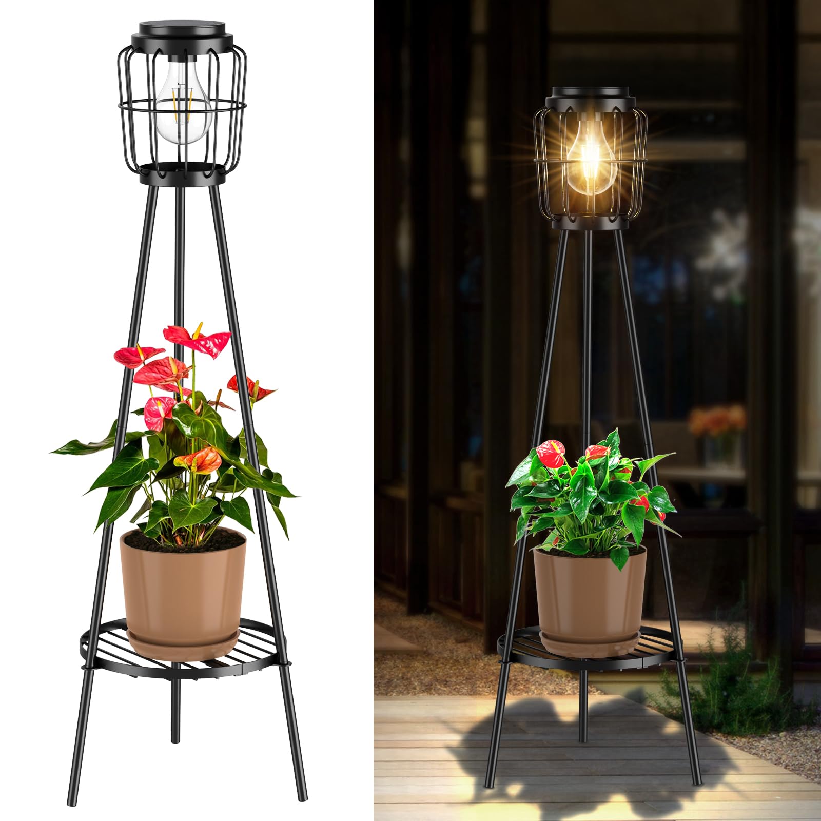 Mxwcy Solar Lights Outdoor With Led Edison Bulbs, Solar Floor Lamp With Plant Stands For Garden Yard Pathway Driveway Front/Back