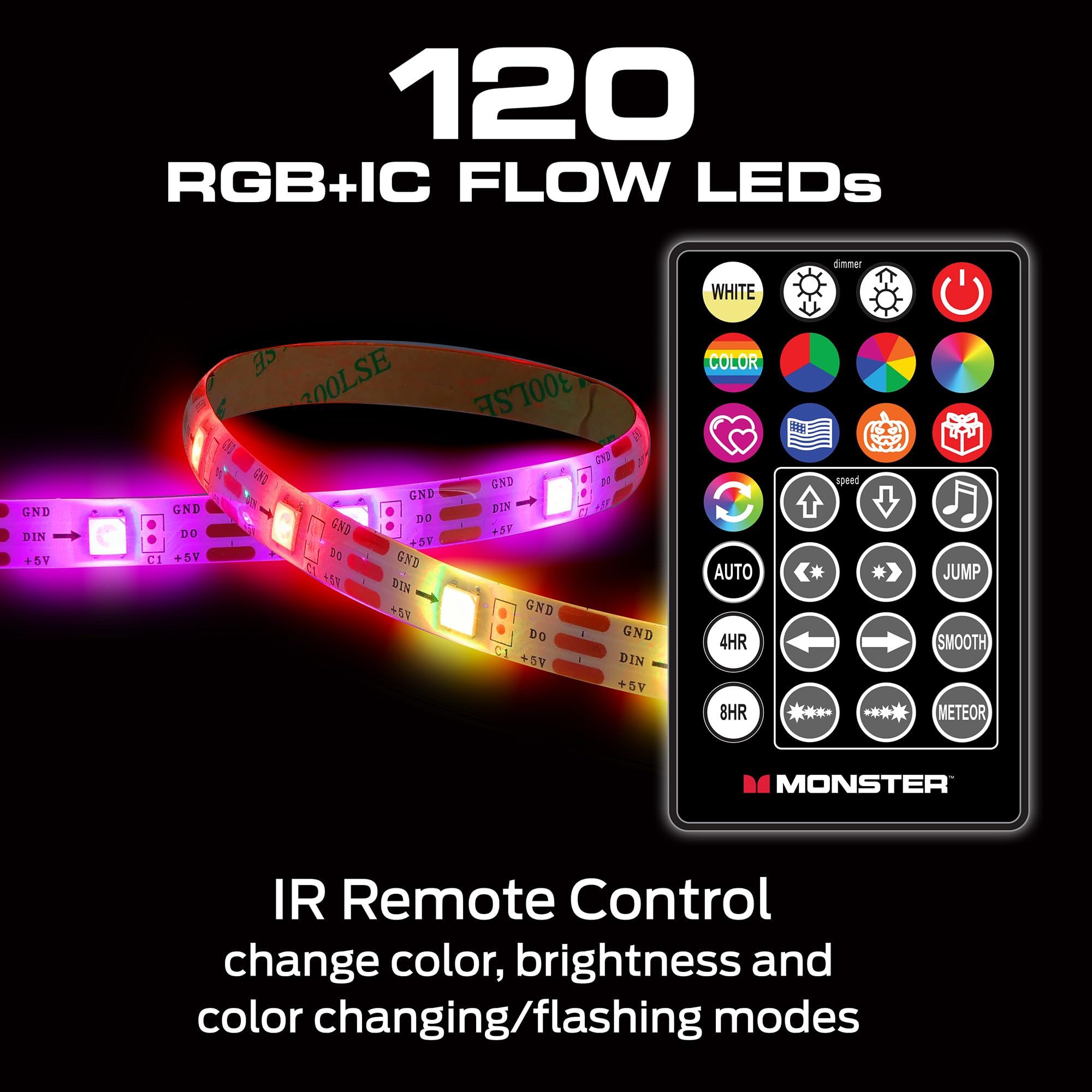 Monster 13.1Ft Color Flow Multi-Color Led Light Strip, Indoor, Fun Flash Mode, Remote Control, Xtreme Easy Assembly