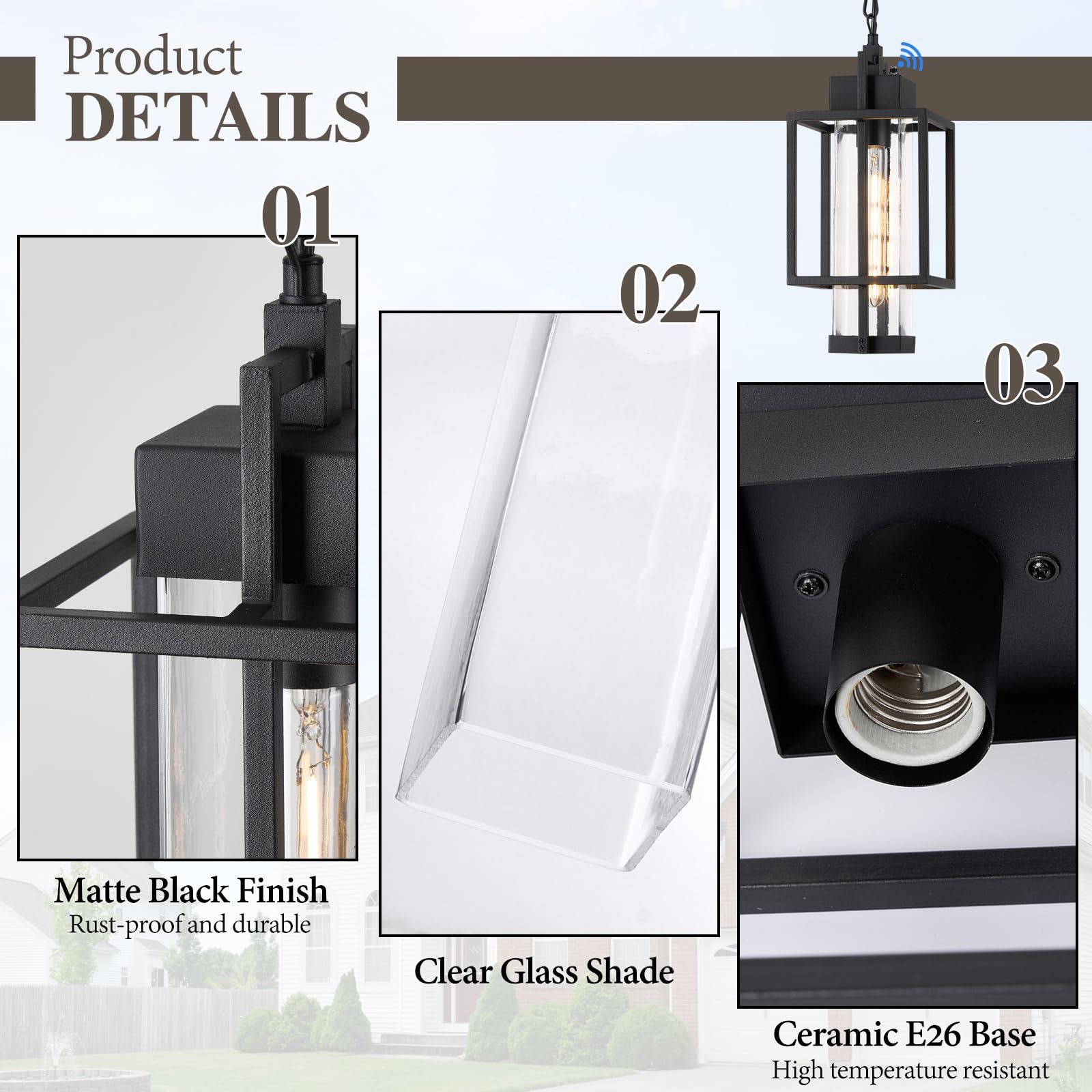 Osimir 16 Outdoor Pendant Light - Dusk to Dawn Black Chandelier with Clear Glass, Modern Hanging Lantern for Porch & Gazebo, OS-KY1006