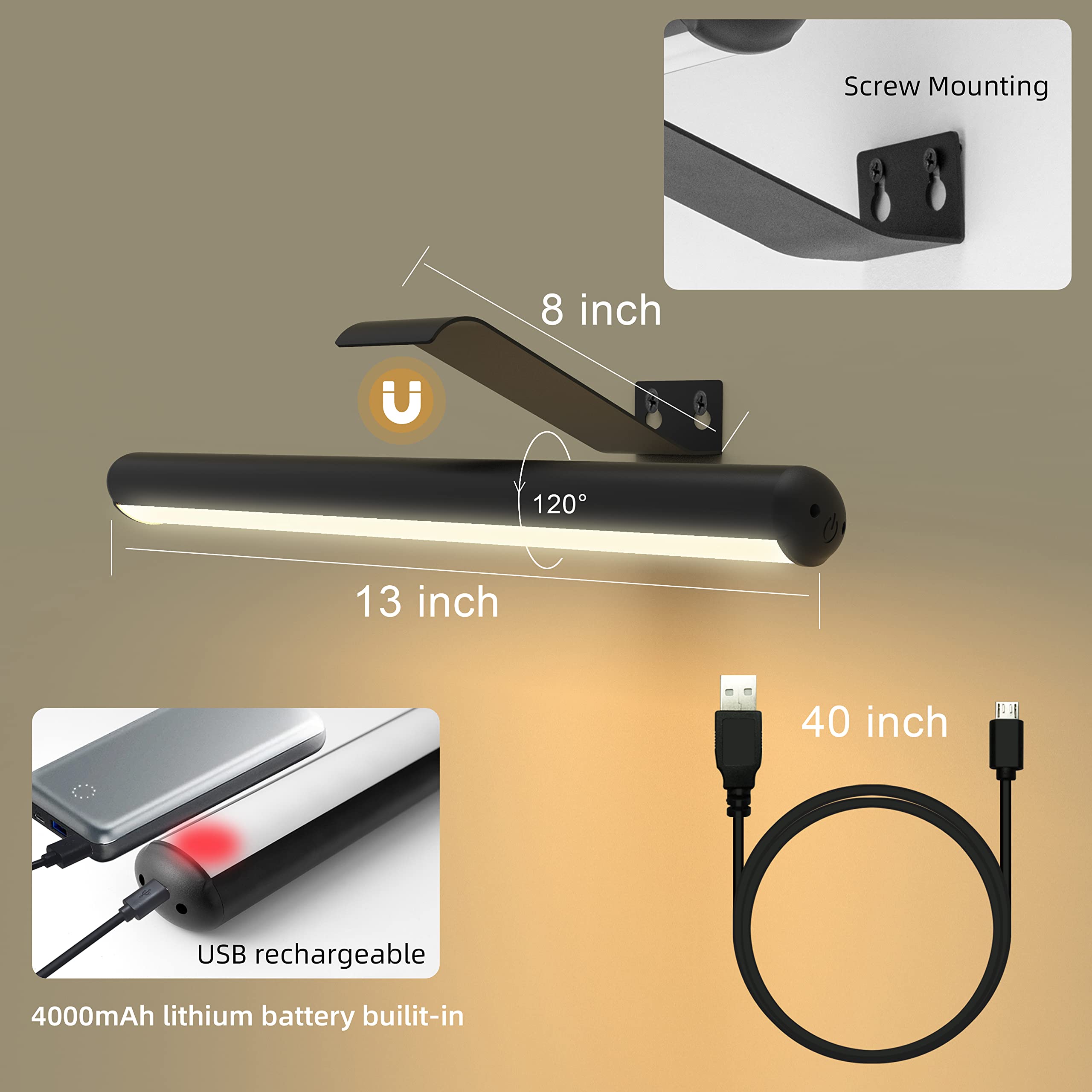 Arixinks Wireless Picture Light 2-Pack, 13&quot; Dimmable Led Art Light With Remote & Timer