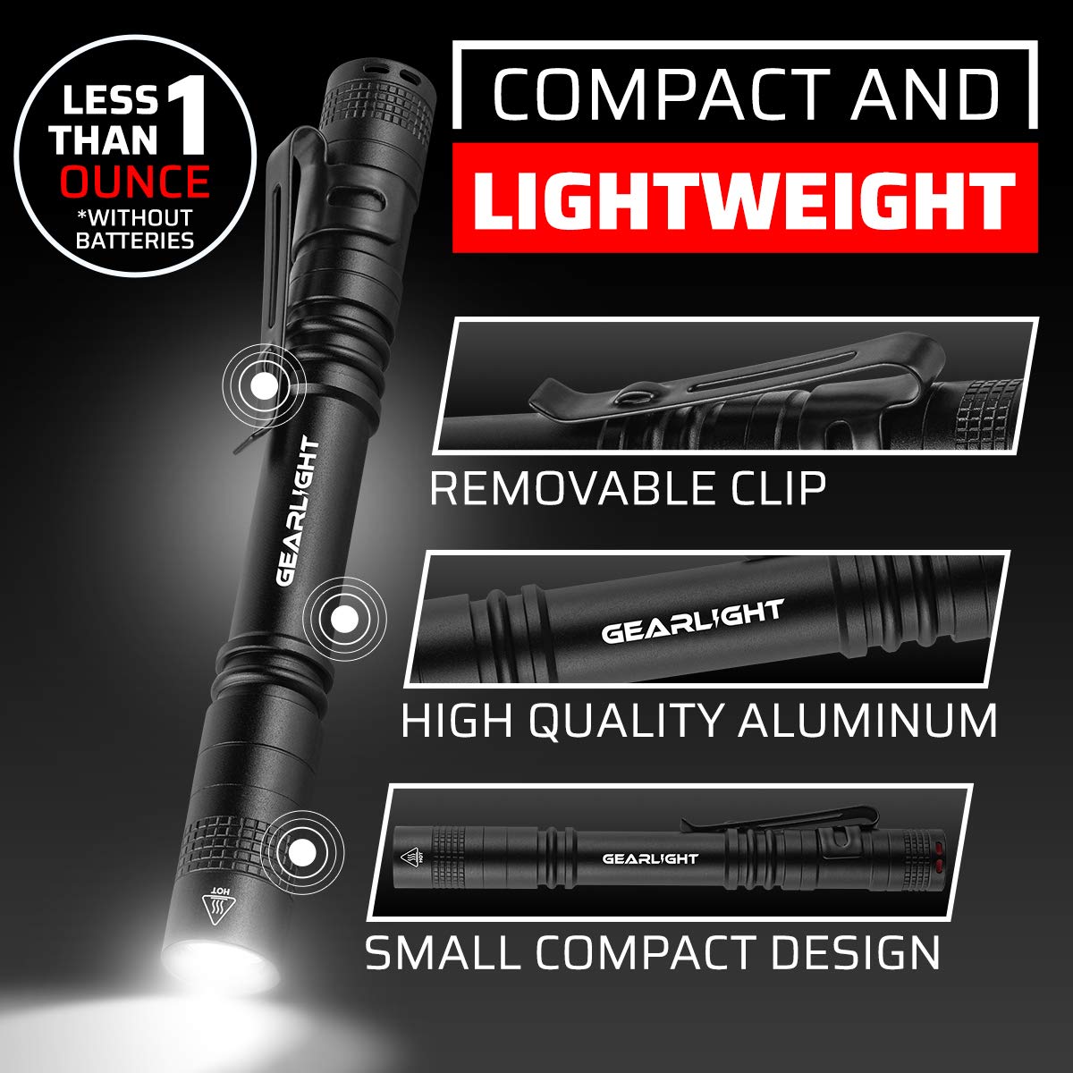GearLight S100 LED Pocket Pen Light - 2 Compact Flashlights, Aluminum, Small, White Light