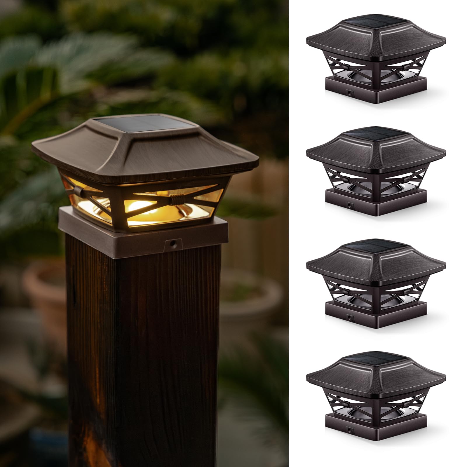 OPOIRA Wood Grain Solar Post Cap Lights  Dual-Core LED Fence Lights with Craftsman Design  4 Pack Waterproof Outdoor Caps for 4x4 Wooden/Vinyl Post (Brown)