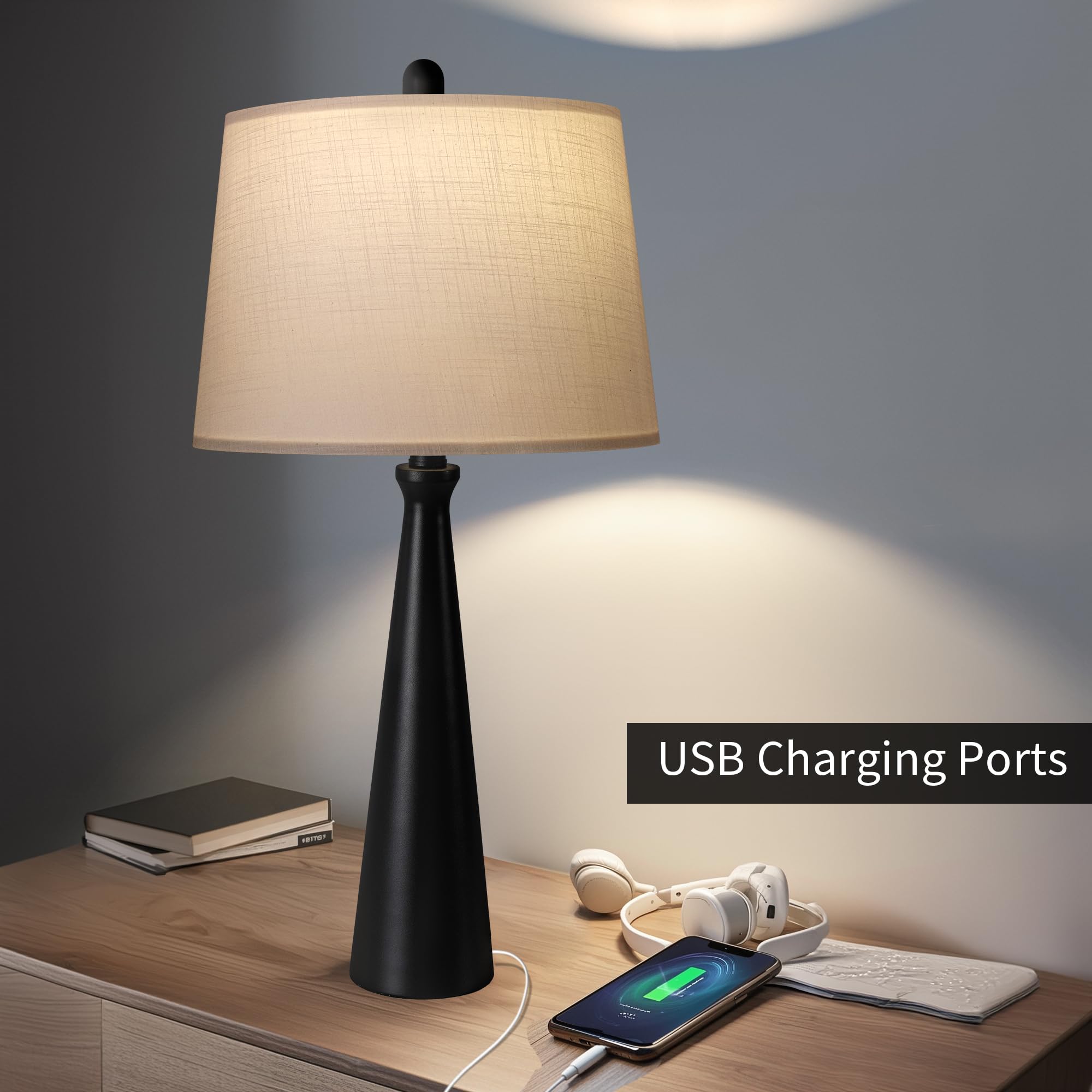 Oneach Table Lamps Set of 2, 25.75" Modern Black Bedside Lamps, 3-Way Dimmable Touch Control, Vintage Accent Style