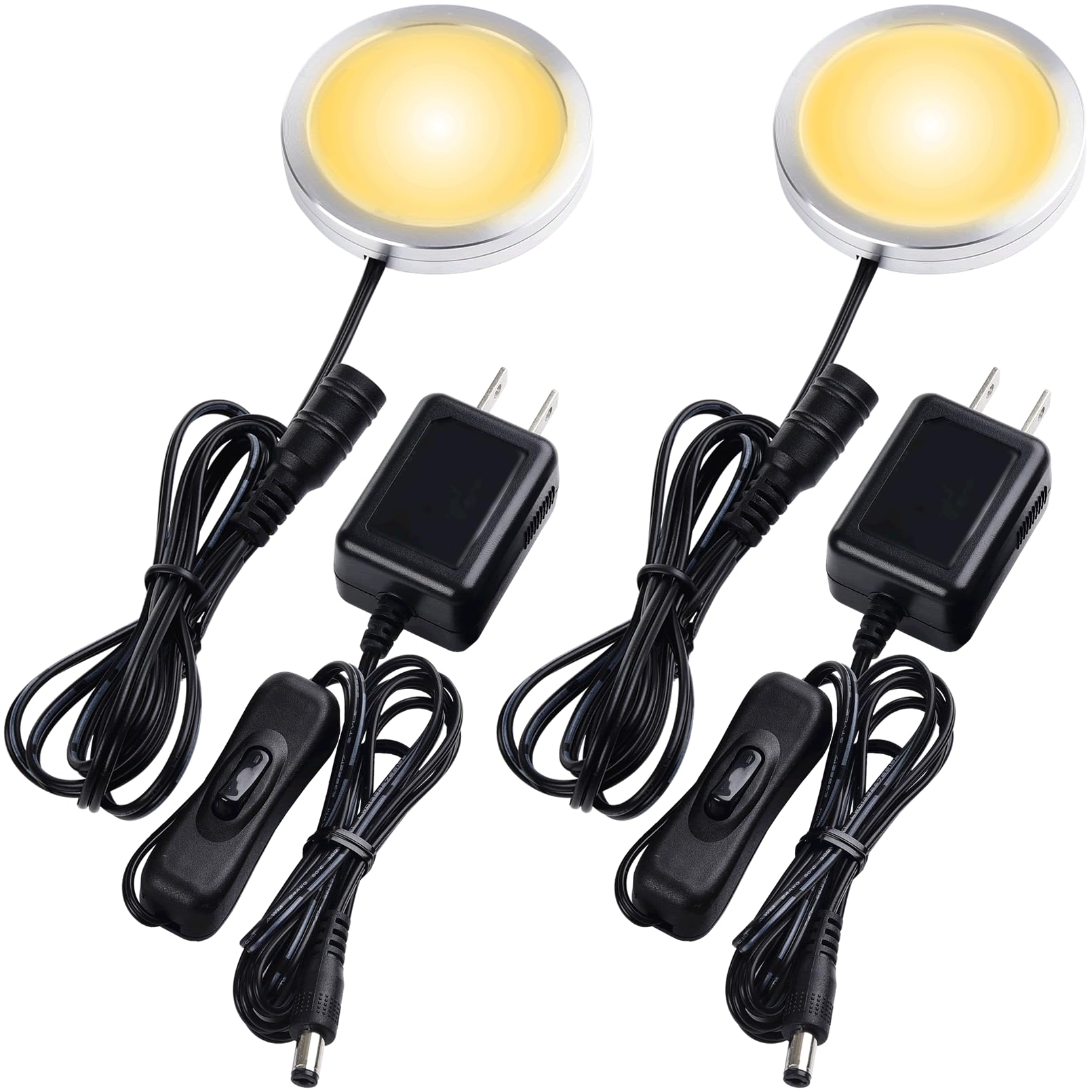 Lvyinyin LED Puck Light Set, 2 Pack with Adapters, Warm White, 120V, Aluminum, Model 013-02-WW