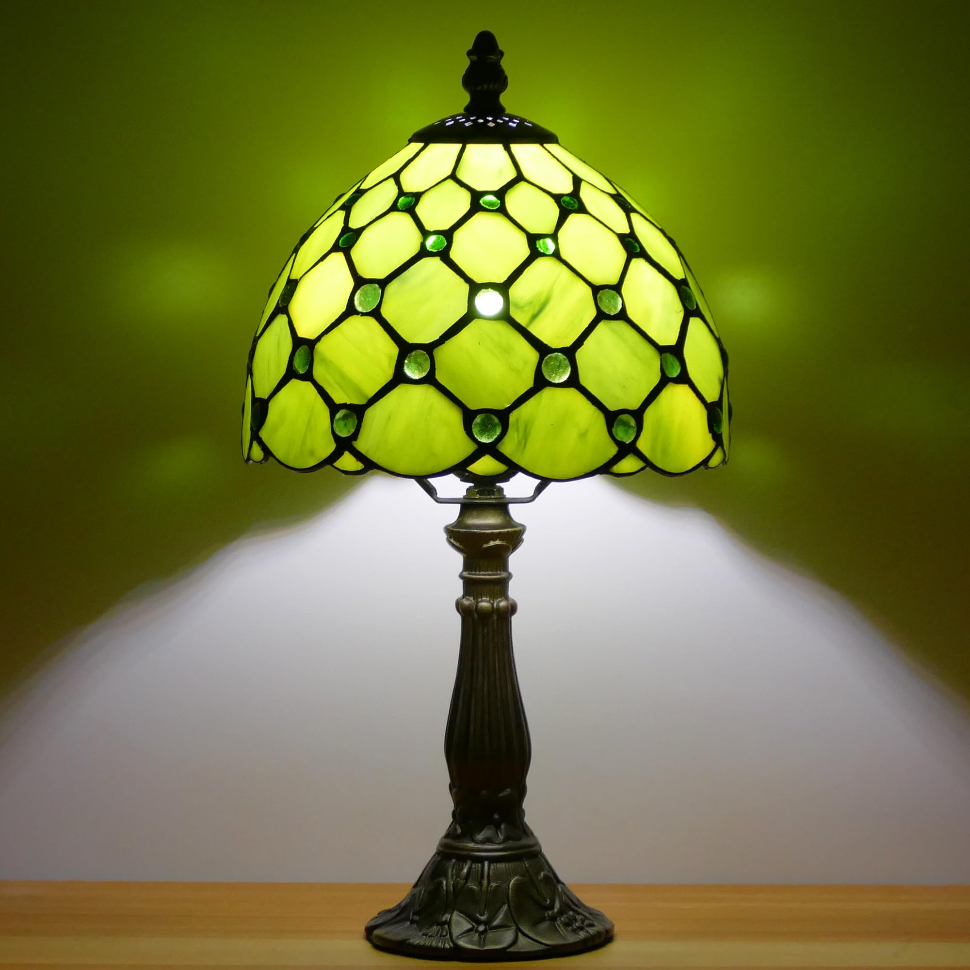 WFAYNTIFL Small Tiffany Lamp Mini Stained Glass Table Lamp Pearl Style Bedside Accent Lamp Memory Sympathy 8X14.5 Inch (Green Yellow)