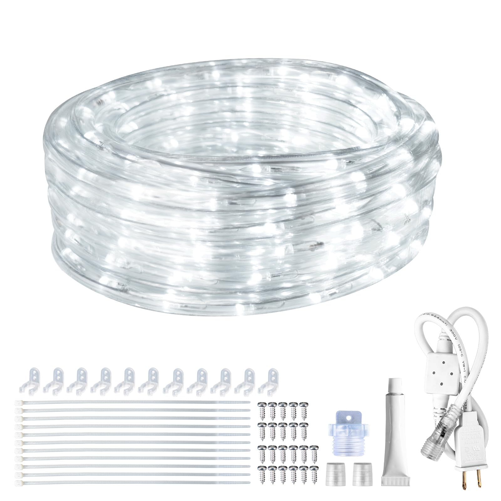 SURNIE Rope Lights Outdoor Waterproof Daylight White: LED 18FT Cuttable Outside Bright 110V Lighting 6000K Flexible Cool Clear Tube, Indoor Deck Patio Xmas Camping Decor, Not Flat Strip