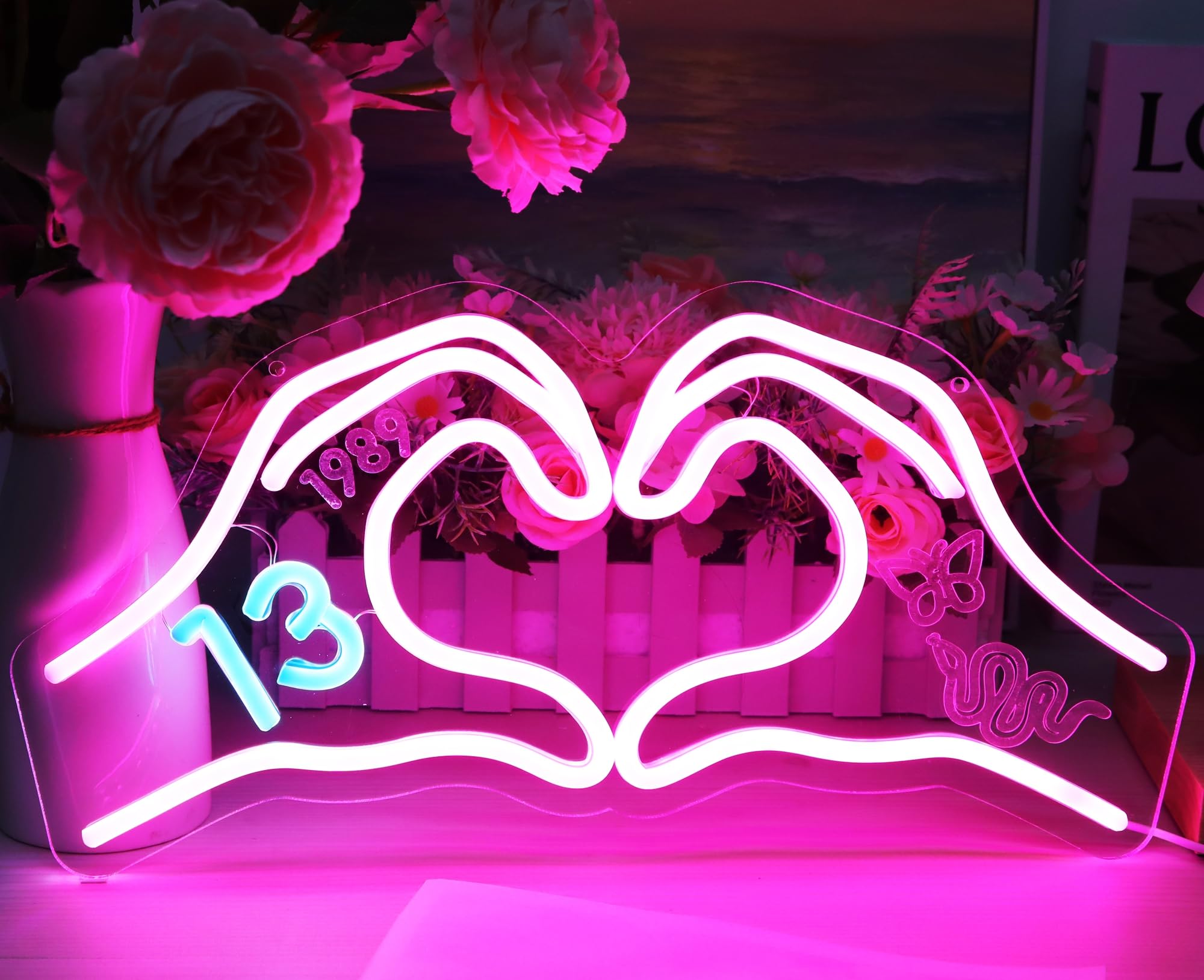 HMASYO Heart Hands Neon Sign Light, Pink Acrylic 15.7in with Dimmer, Model 2411A - LED Wall Art for Bedroom, Game Room, Party Decor
