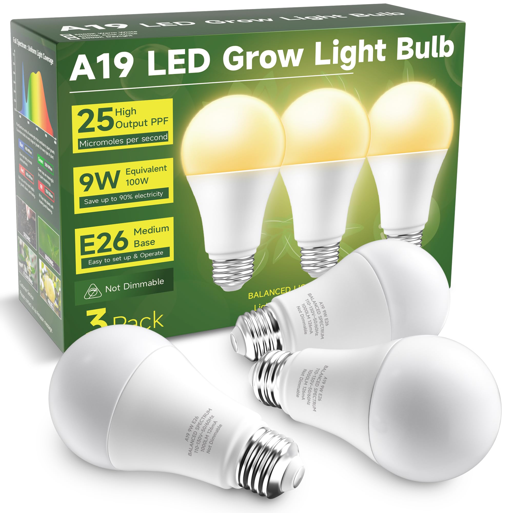 Unilampro Grow Light Bulbs, Full Spectrum Light Bulb, A19 Grow Light Bulb, Plant Light Bulbs E26 Base, 9W Plant Grow Light Bulbs