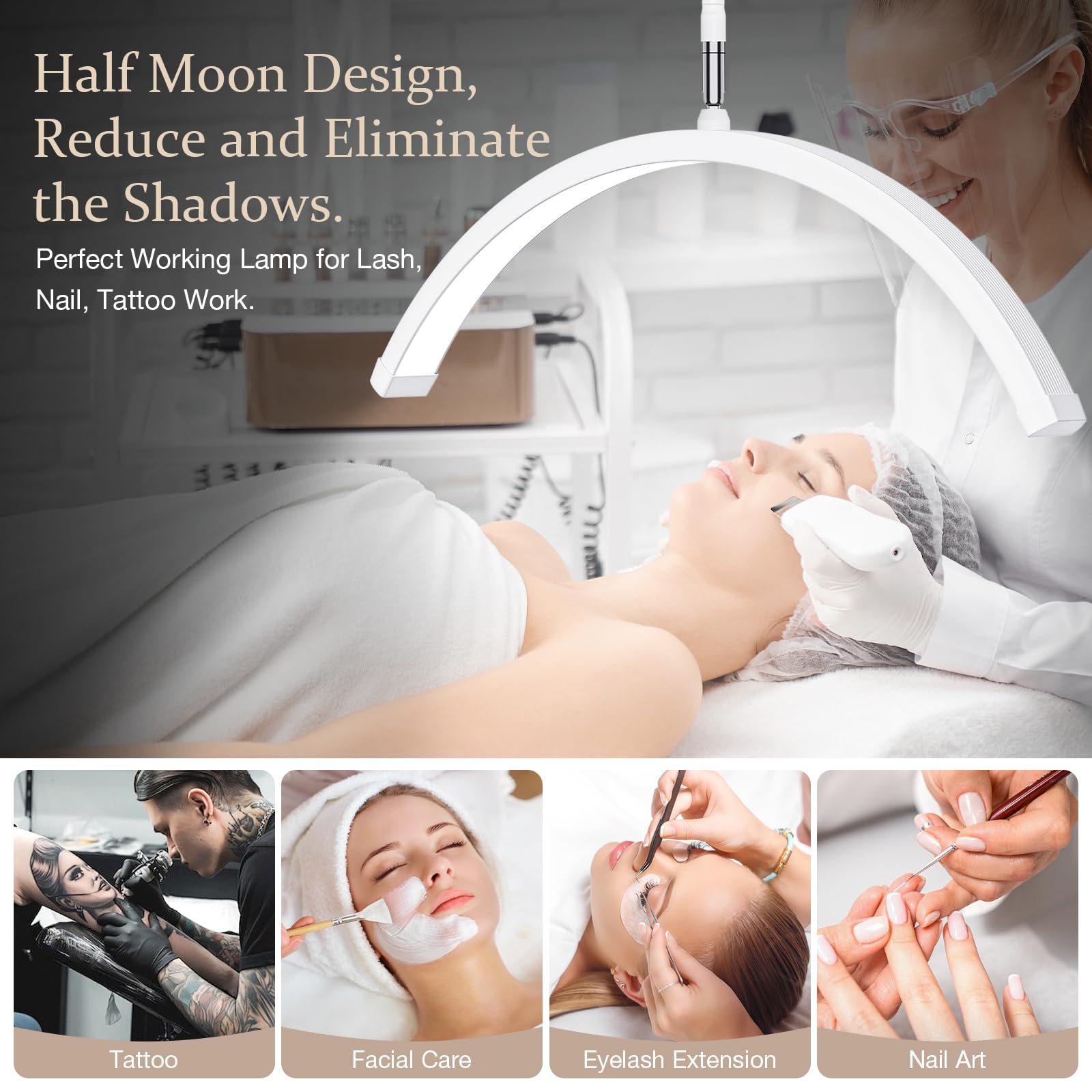 Mznoo Lash Light For Eyelash Tech With Tray, 30W/3600Lm Bright Half Moon Light For Lashes, Nails And Tattoos, 23In Large Lash La