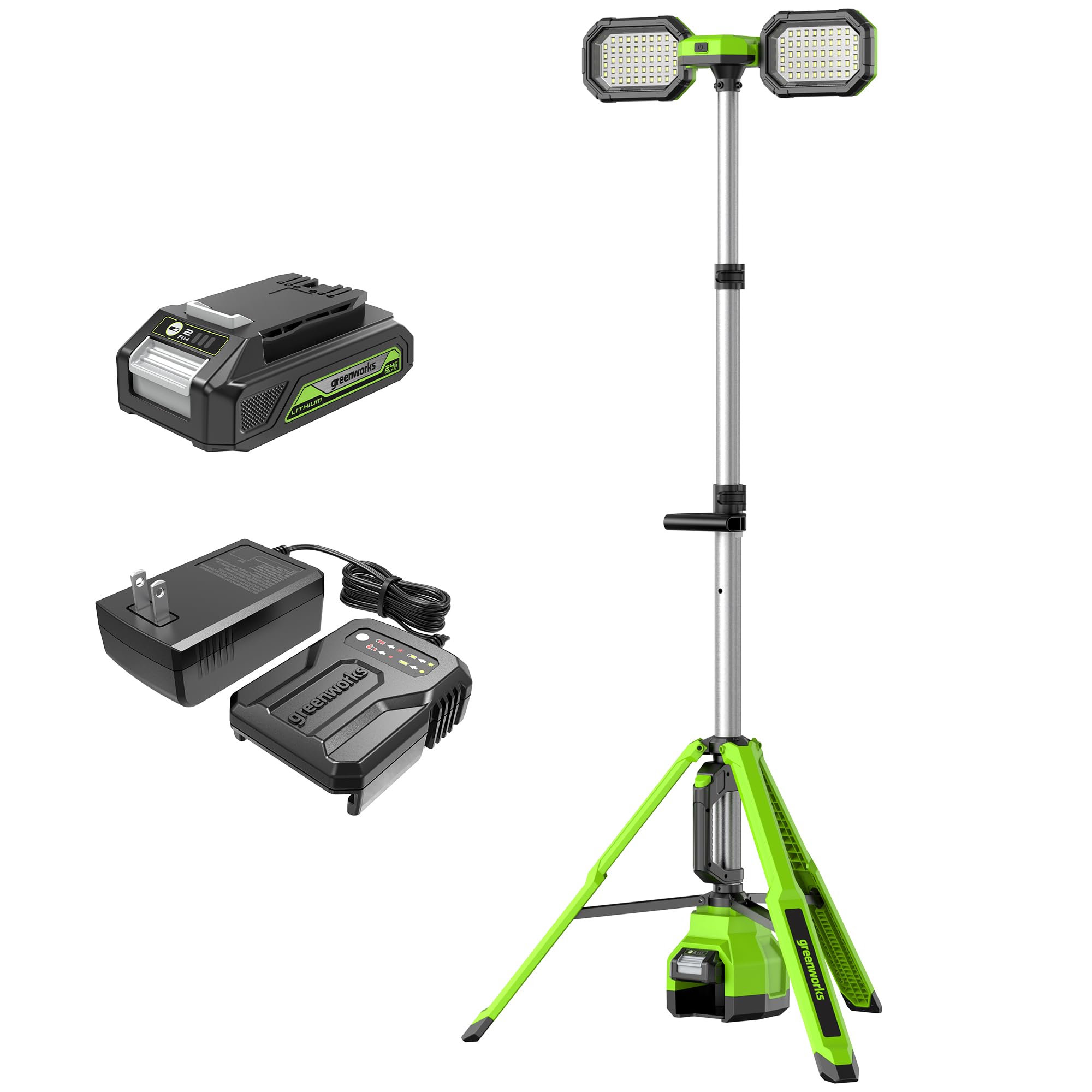 Greenworks 24V 3000 Lumen Hybrid (AC/DC) LED Dual Head Work Light, Dual Power Tower Light with Foldable Tripod Base and Telescop
