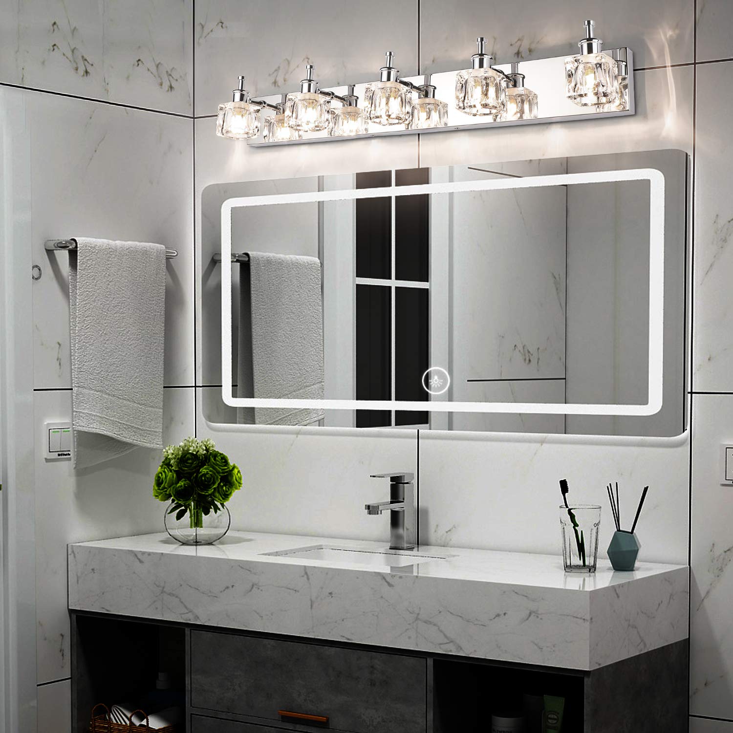 Presde Modern 5-Lights Bathroom Vanity Light Fixtures, Chrome Gloss Finish, Led Wall Lighting (Bulb Excluded)