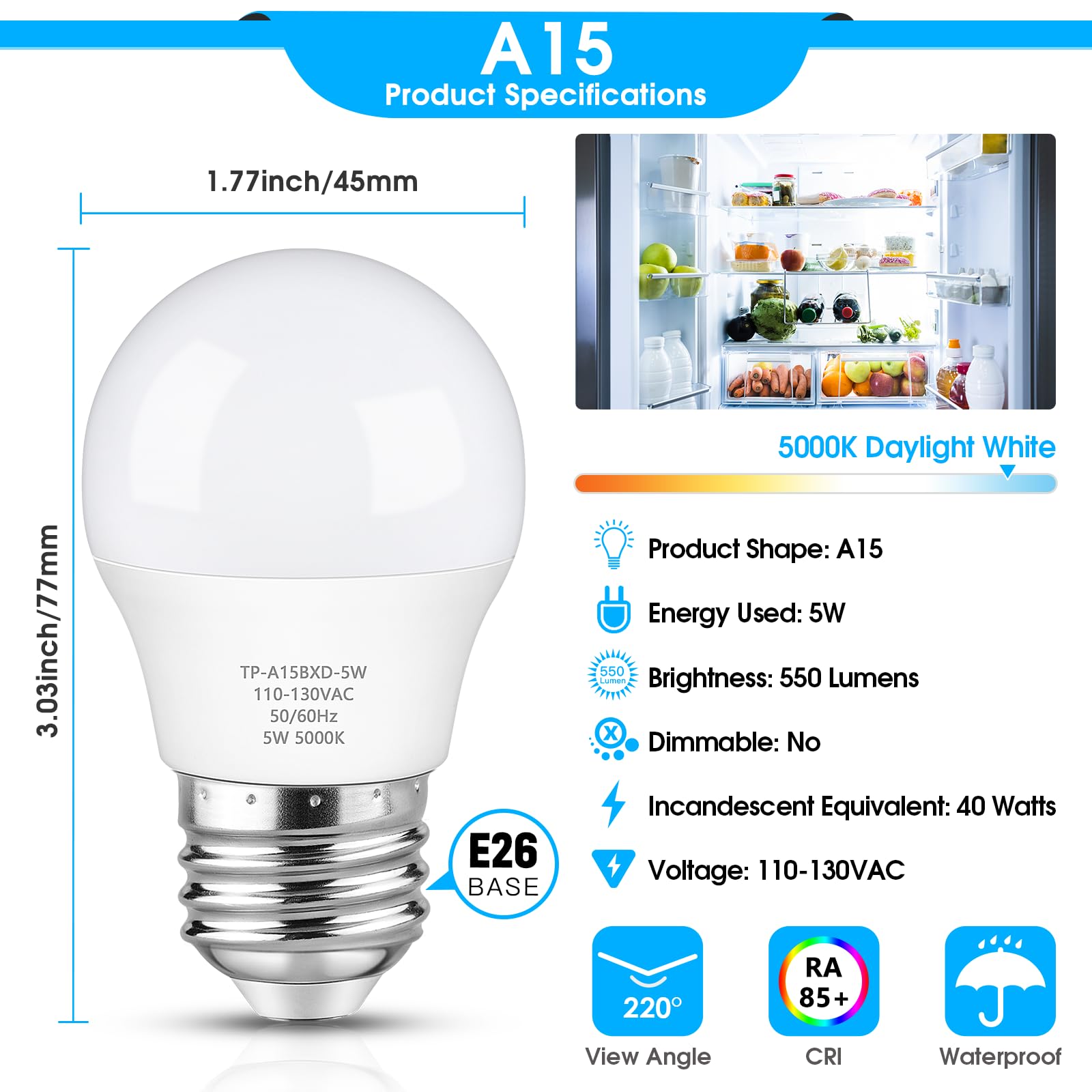Maylaywood Led Refrigerator Light Bulb, 40 Watt Equivalent A15 Fridge Lights Waterproof Daylight White 5000K 550Lm E26 Base 5W A