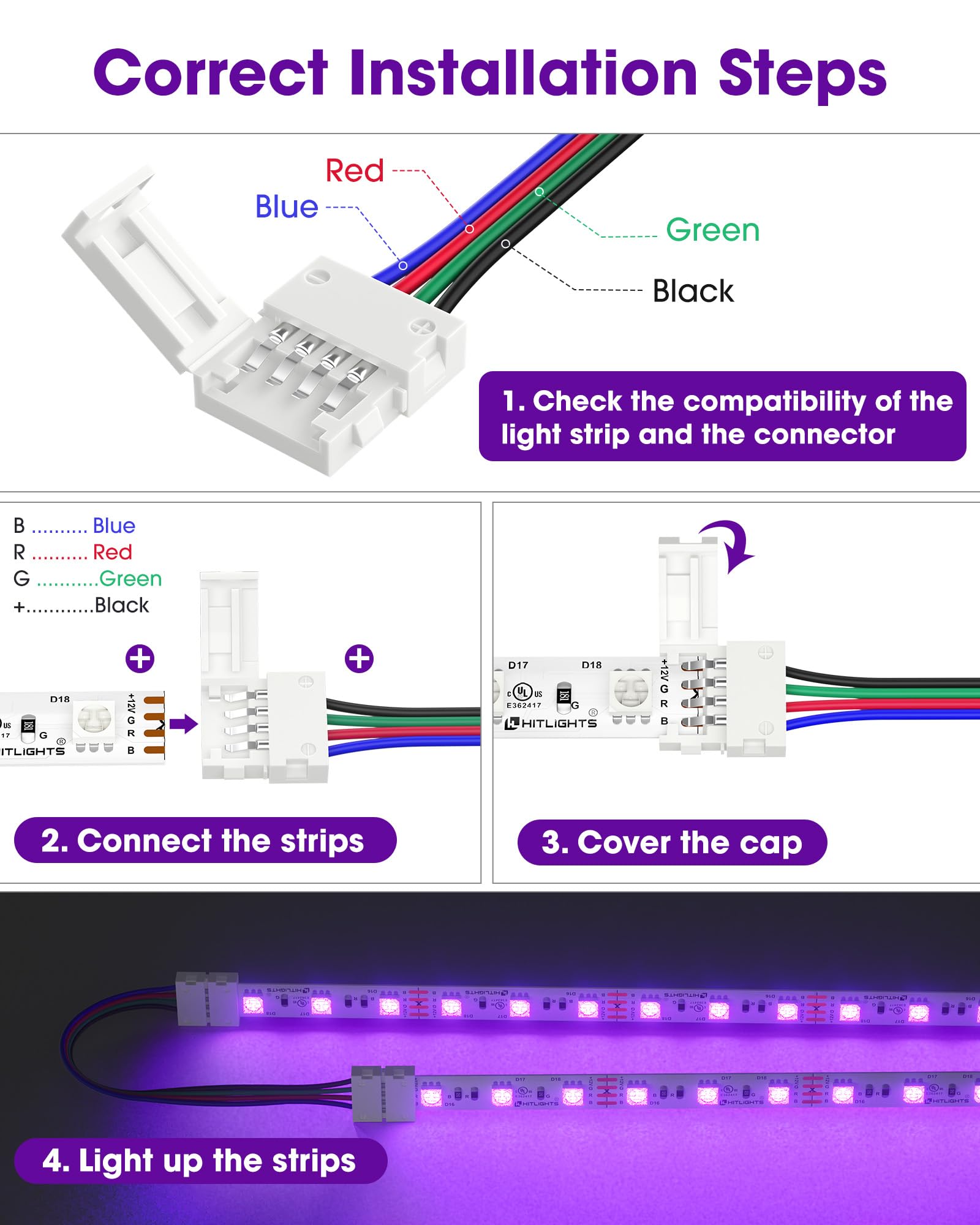 HitLights 12 Pack RGB LED Strip Connectors, 10mm 4 Pin, 6 Inch Solderless, Plastic, Model CON-10M-B00A-12PK-FBA