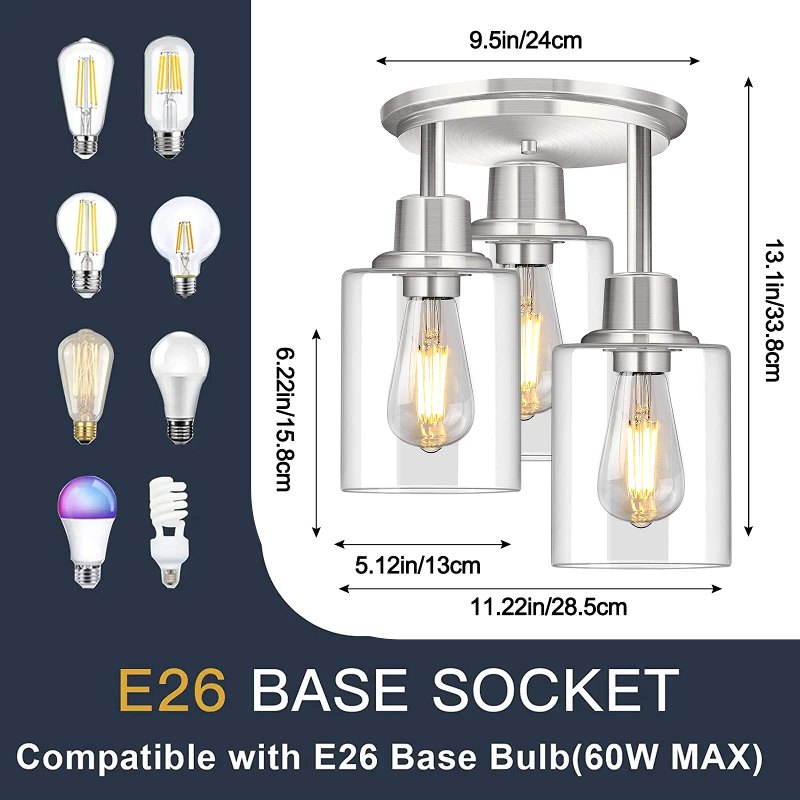 ROTTOGOON Semi Flush Mount Ceiling Light, Brushed Nickel, 3-Light Fixture with Clear Glass Shades, Modern Design for Kitchen and Hallway