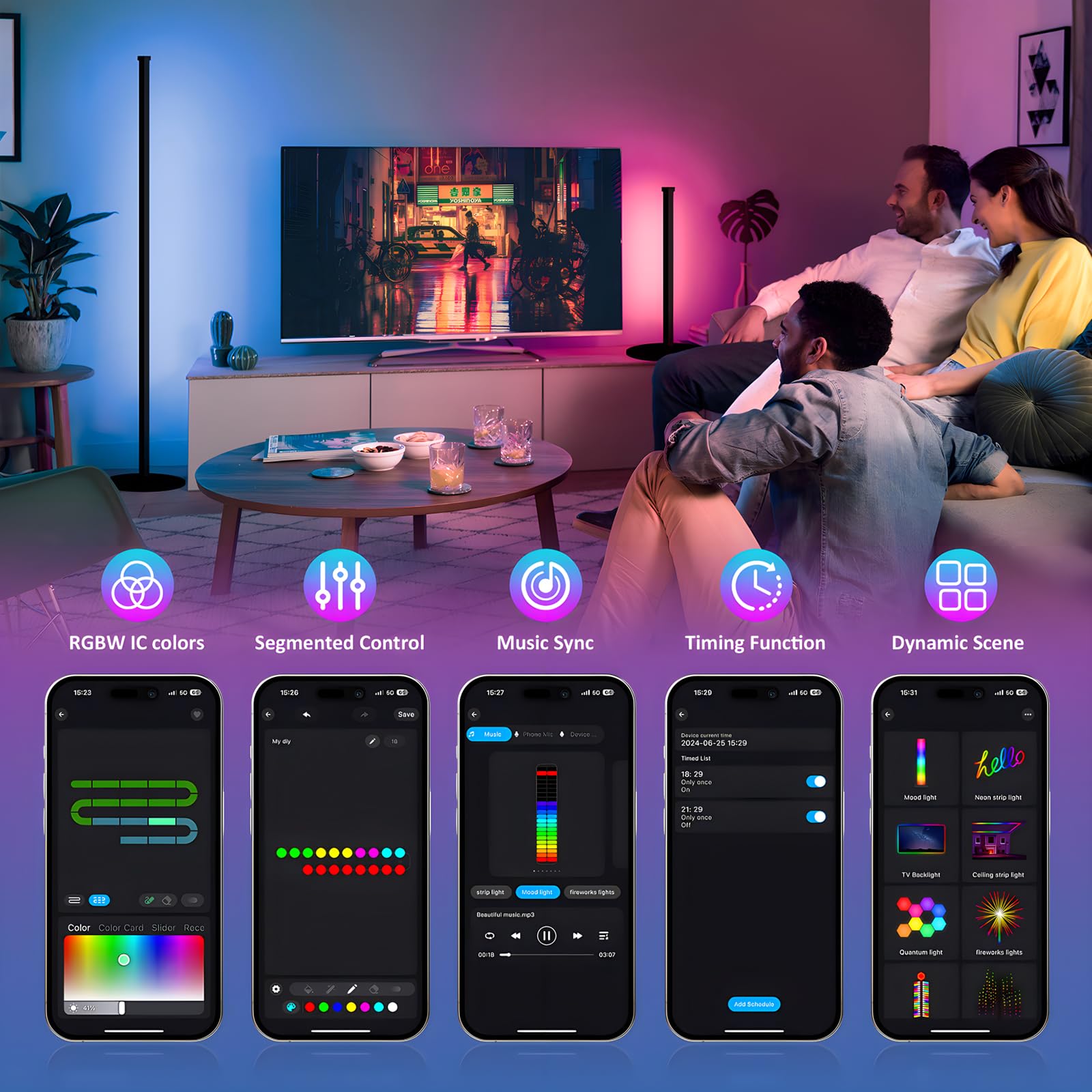 Rgb Corner Floor Lamp 2 Pack, Minimalist Standing Lamp With Remote Control, Music Sync 16 Million Colors, Warm White Ambient Lig