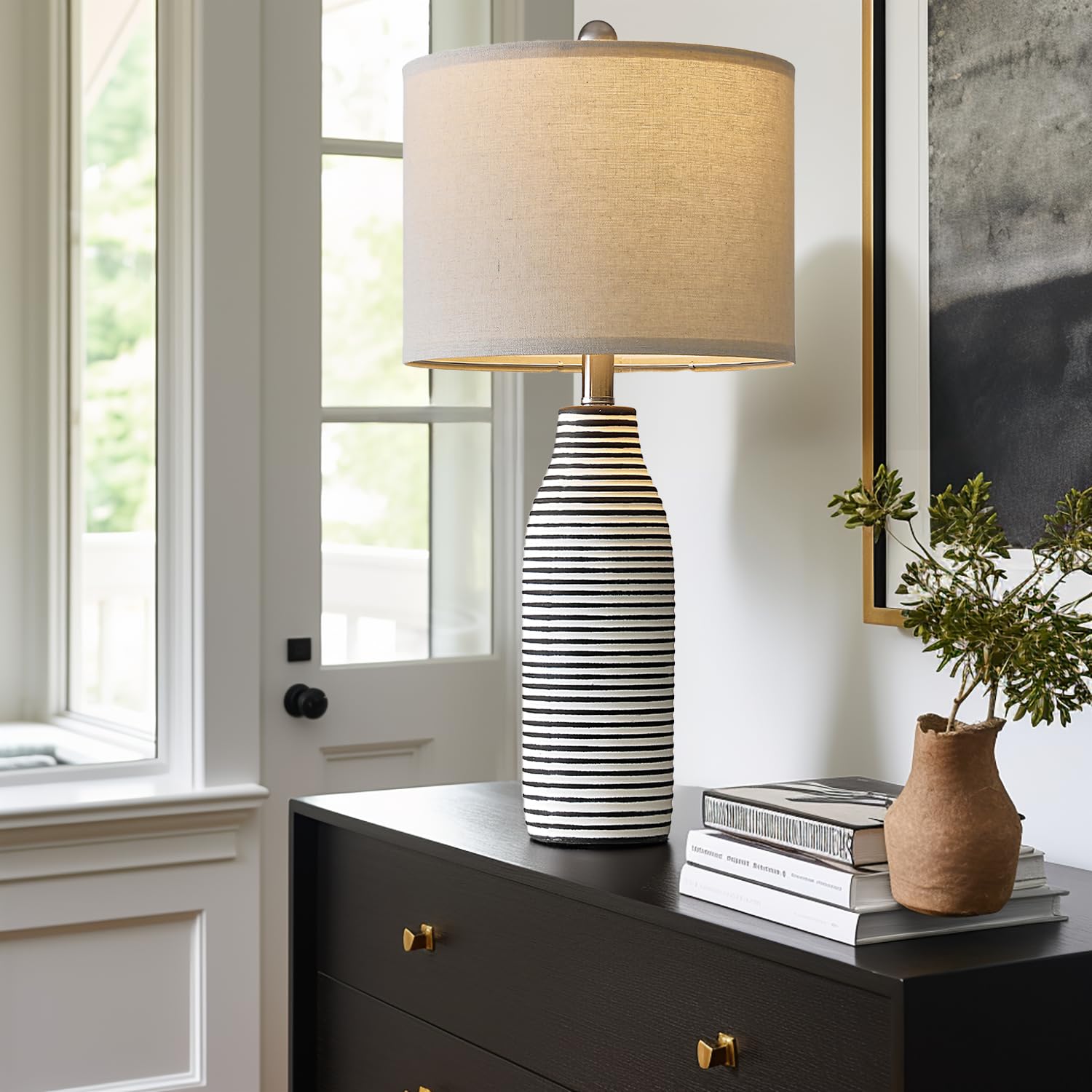PORTRES 25'' Ceramic Table Lamp for Living Room Bedside Lamps for Night Stands Modern Lamps for Bedroom with Rotary Switch Black