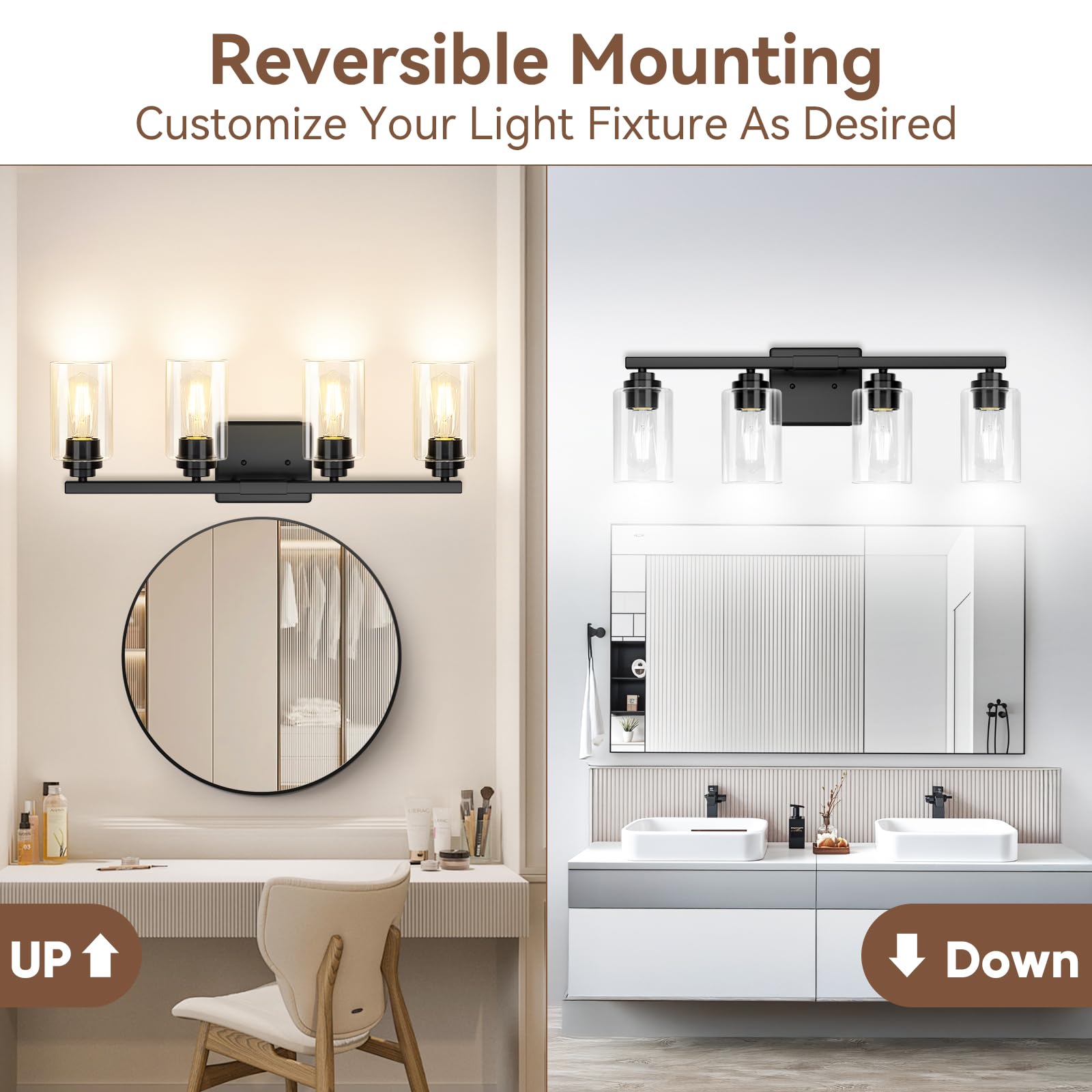 4-Light Bathroom Light Fixtures, 27'' Modern Vanity Lights Over Mirror With Clear Glass Shades, Matte Black Light Fixture, Class