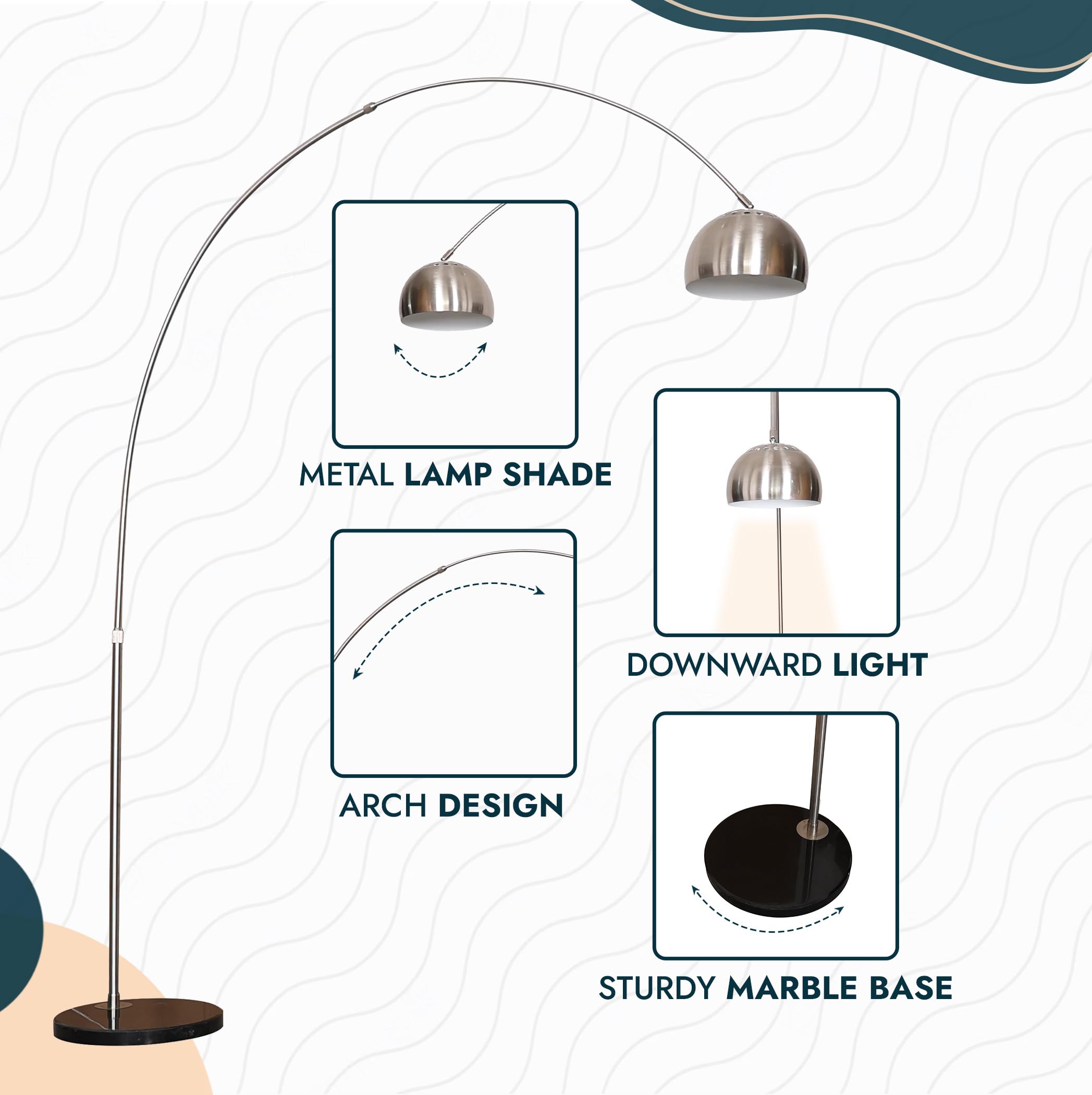 Leisuremod Arco Mid-Century Modern Arched Floor Lamp 75.6" Height With Black Round Marble Base And Metal Dome Lamp Shade For Living Room And Bedroom (Silver)